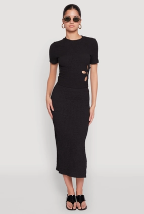 Flow Look Modern Cut Textured Knit Side Slit Midi Skirt