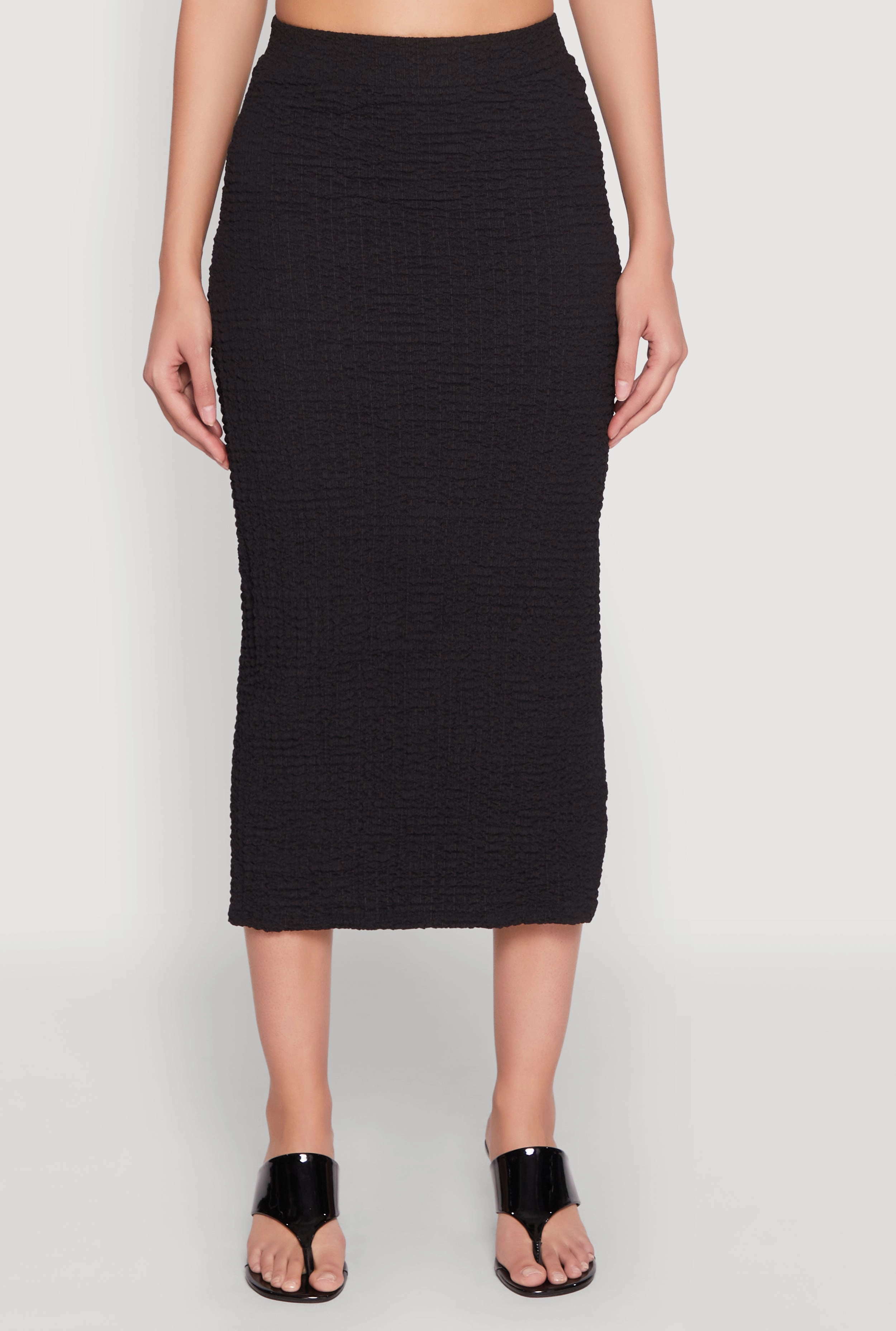Textured Knit Side Slit Midi Skirt ribbed texture