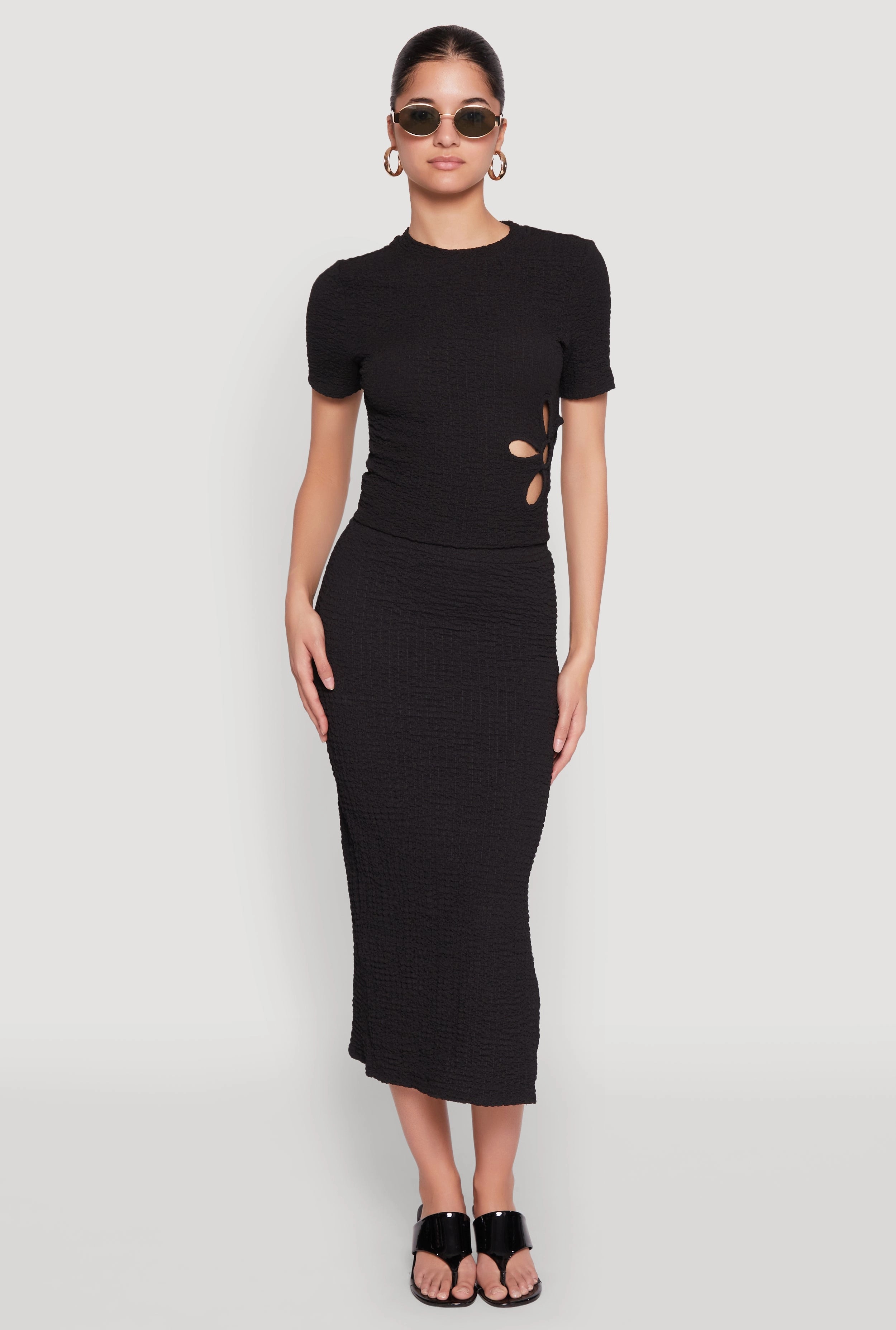 Flow Look Modern Cut Textured Knit Side Slit Midi Skirt