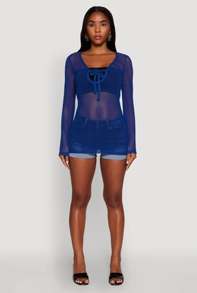 Fishnet Tie Front Keyhole Long Sleeve Top Soft Texture