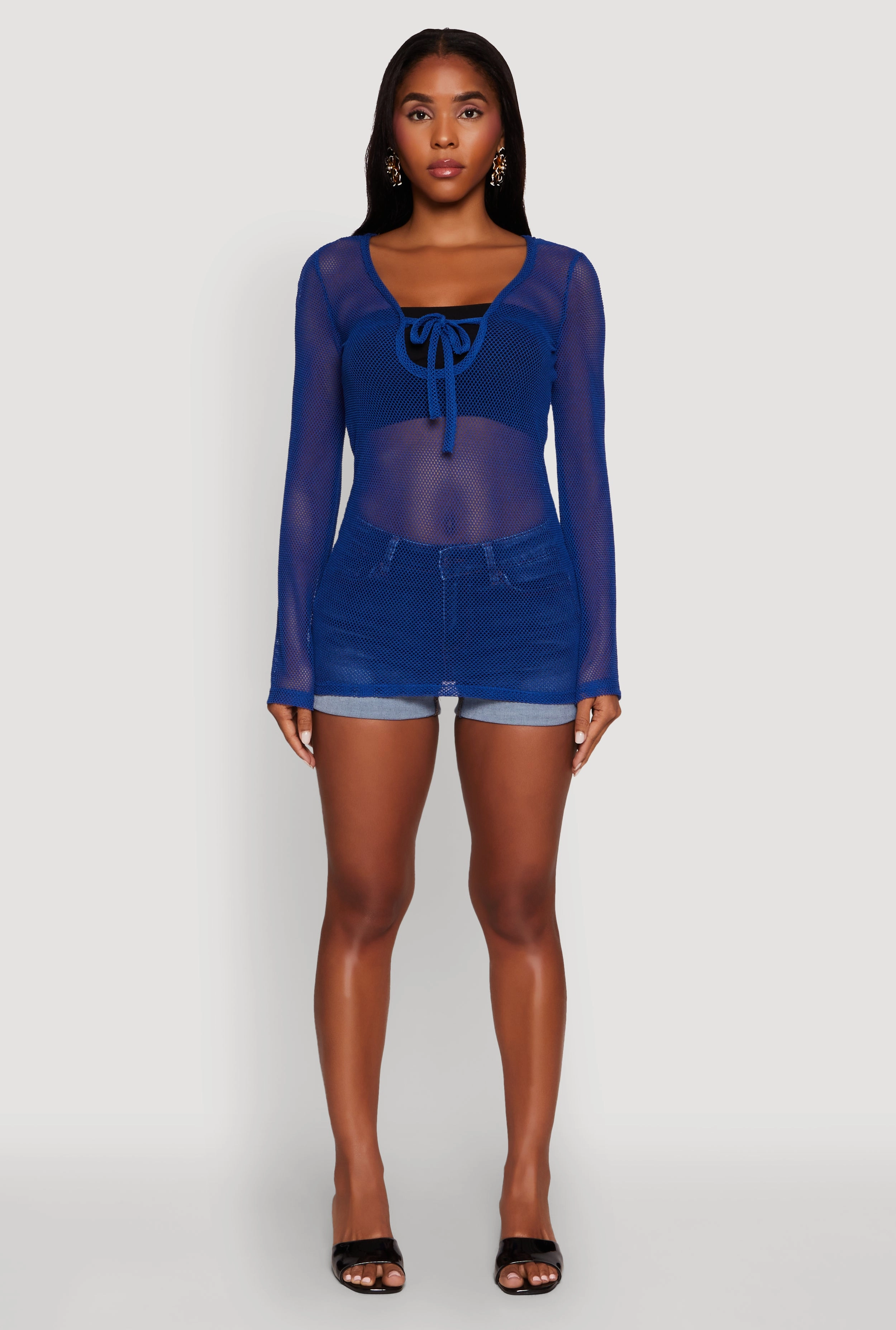 Fishnet Tie Front Keyhole Long Sleeve Top Soft Texture