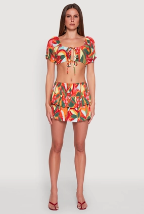 Velvet Finish Creative Look Printed Smock Waist Tiered Skort