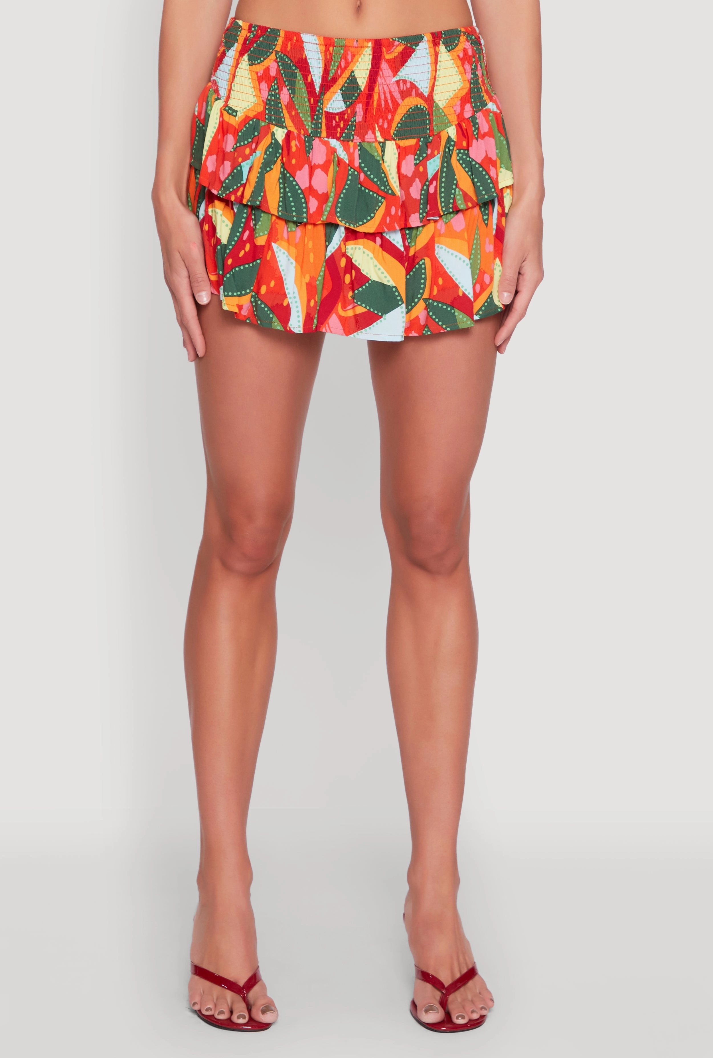 Button Details Neat Fit Printed Smock Waist Tiered Skort