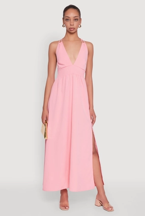 All-Season Comfort Trendy Plunge Halter Tie Maxi Dress with Criss Cross Back Straps