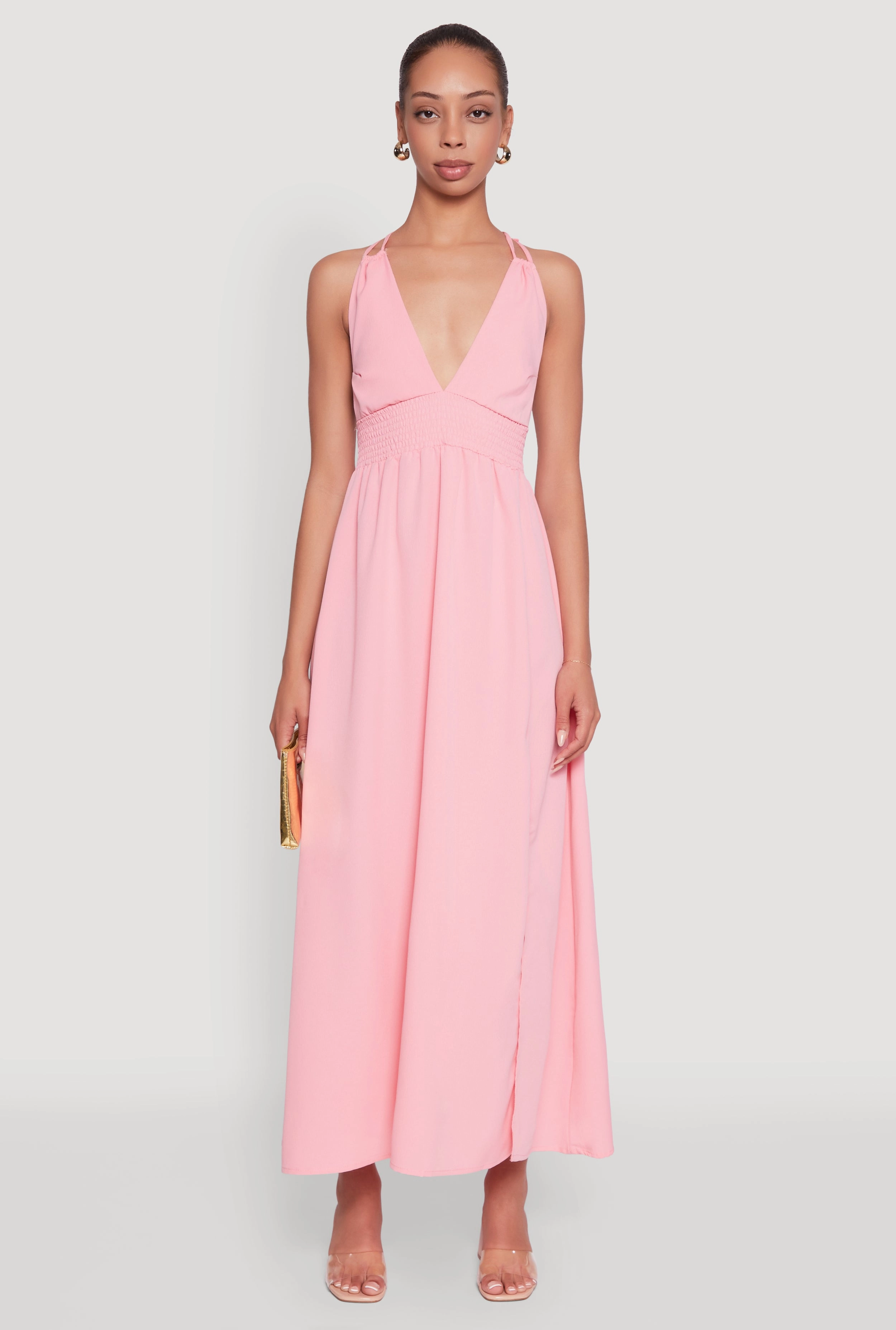 Night Party Trendy Plunge Halter Tie Maxi Dress with Criss Cross Back Straps
