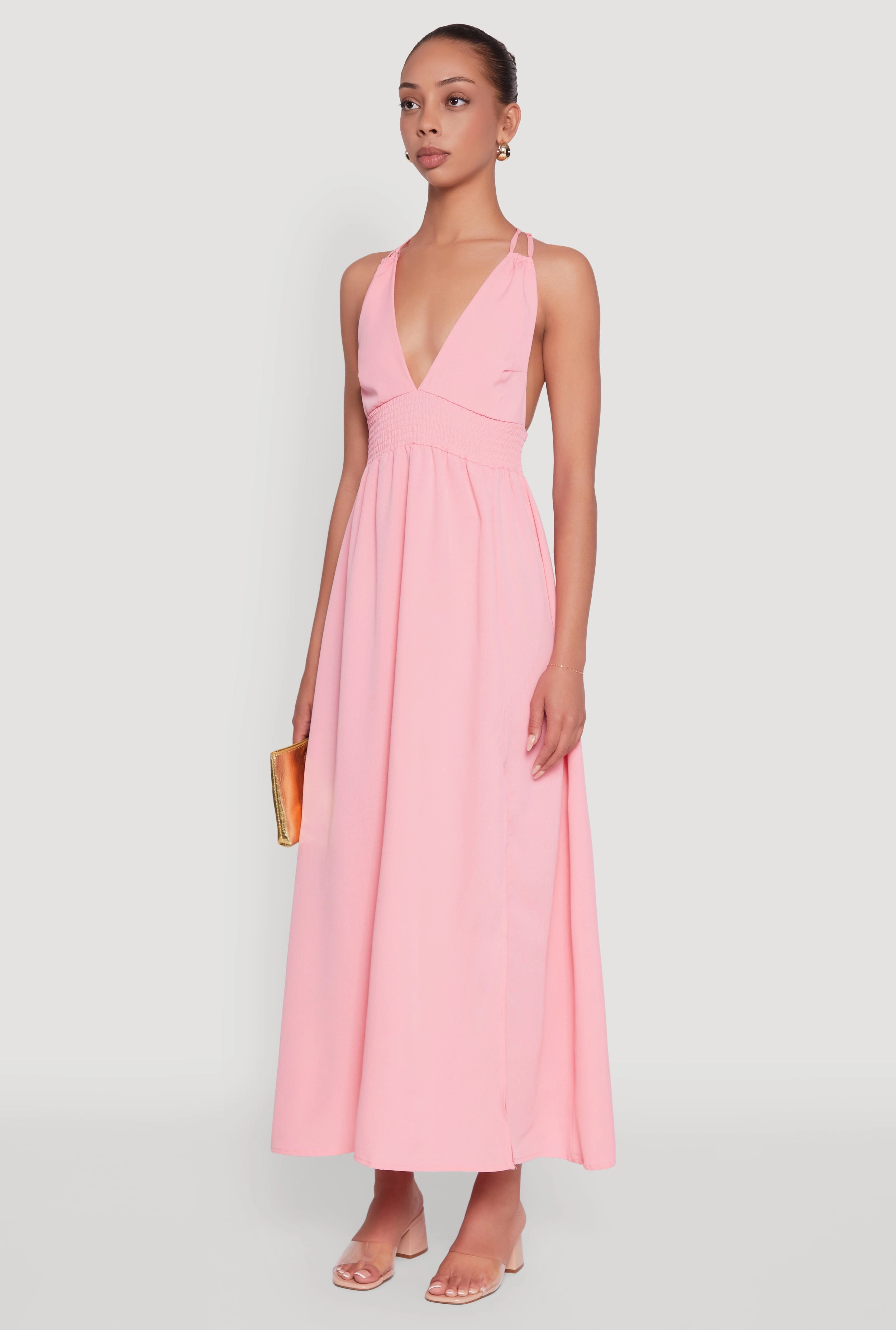 Chill Moment Front-Pocket Trendy Plunge Halter Tie Maxi Dress with Criss Cross Back Straps