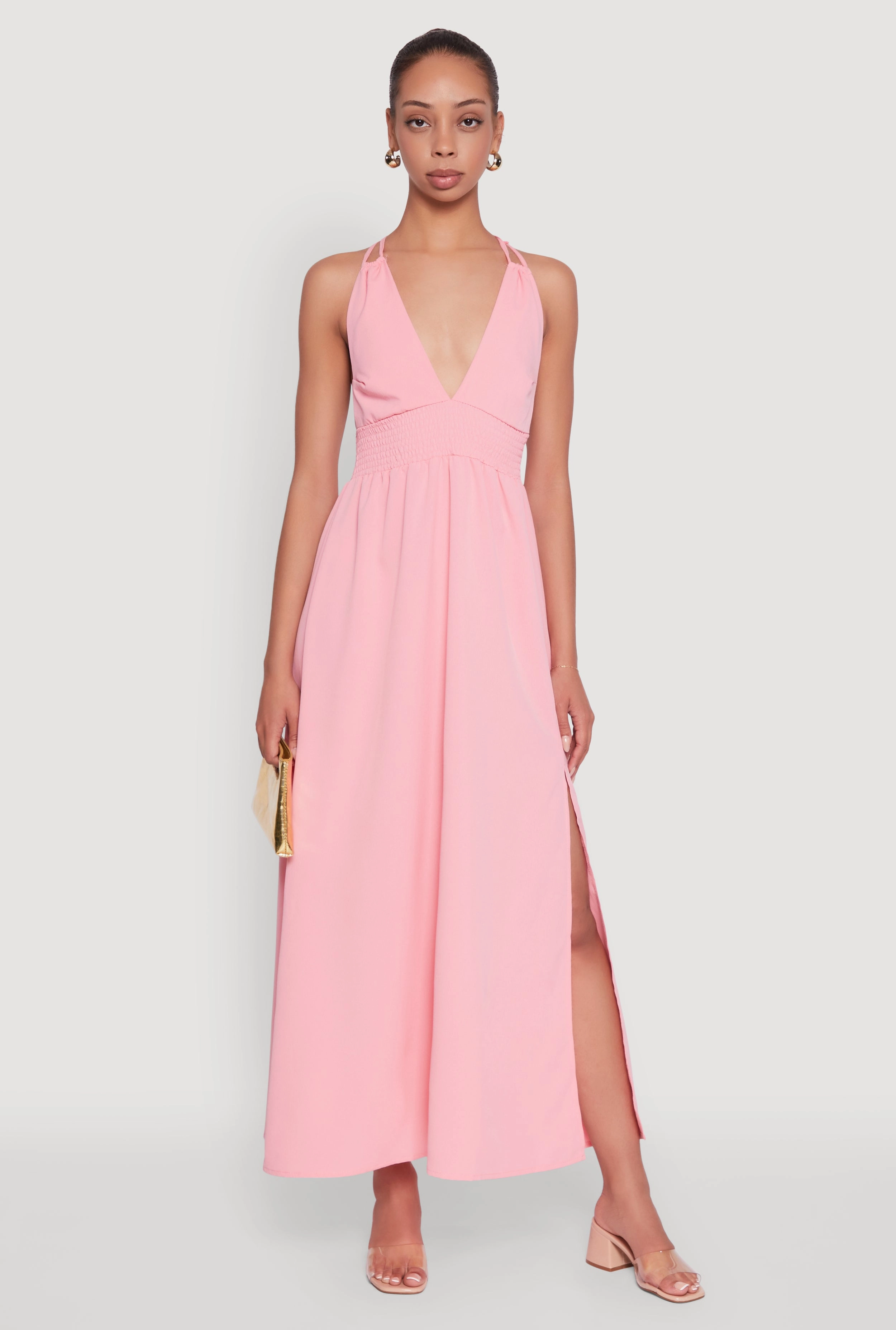 All-Season Comfort Trendy Plunge Halter Tie Maxi Dress with Criss Cross Back Straps