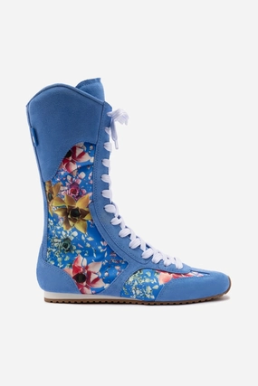 Stretchable Tongue Travel Day Larroud?? x Jonathan Cohen Flat Lo Sneaker Boot In Dodger Blue and Gardenias Colored Satin