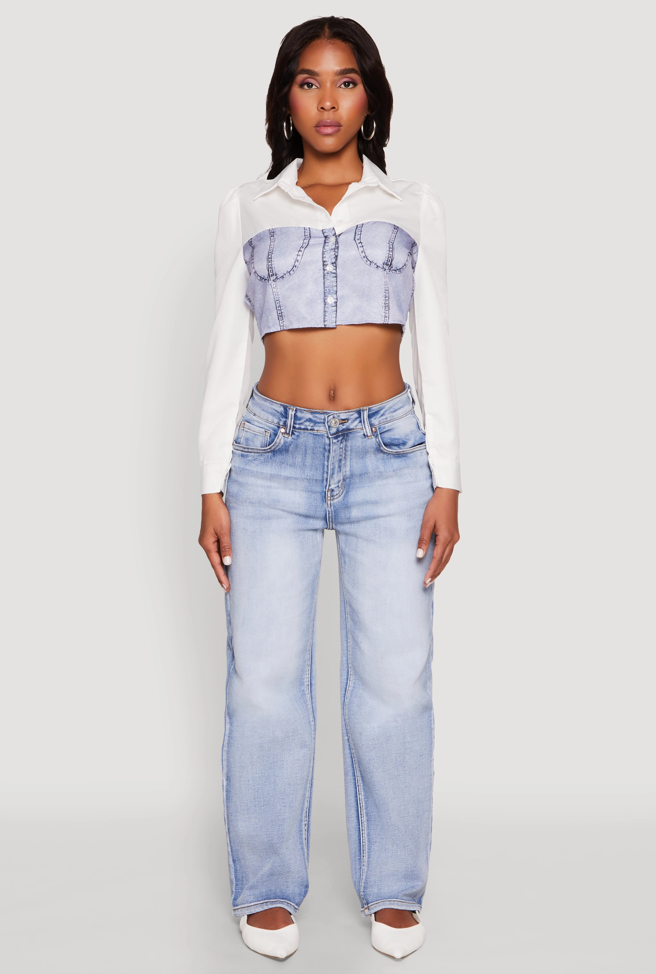 Bustier Denim Illusion Graphic Cropped Shirt Synthetic