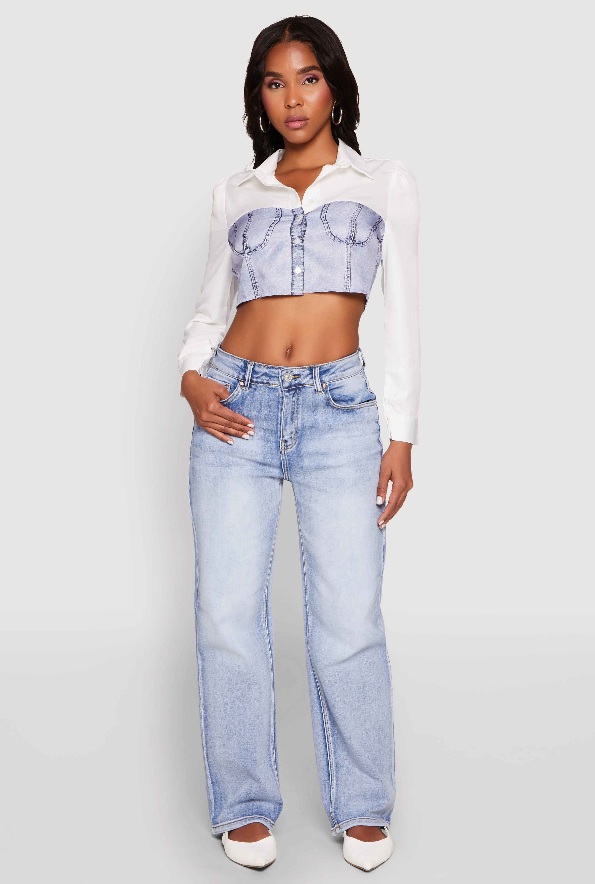 Urban balcony Bustier Denim Illusion Graphic Cropped Shirt