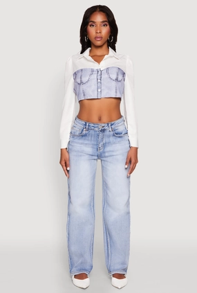 Bustier Denim Illusion Graphic Cropped Shirt Synthetic