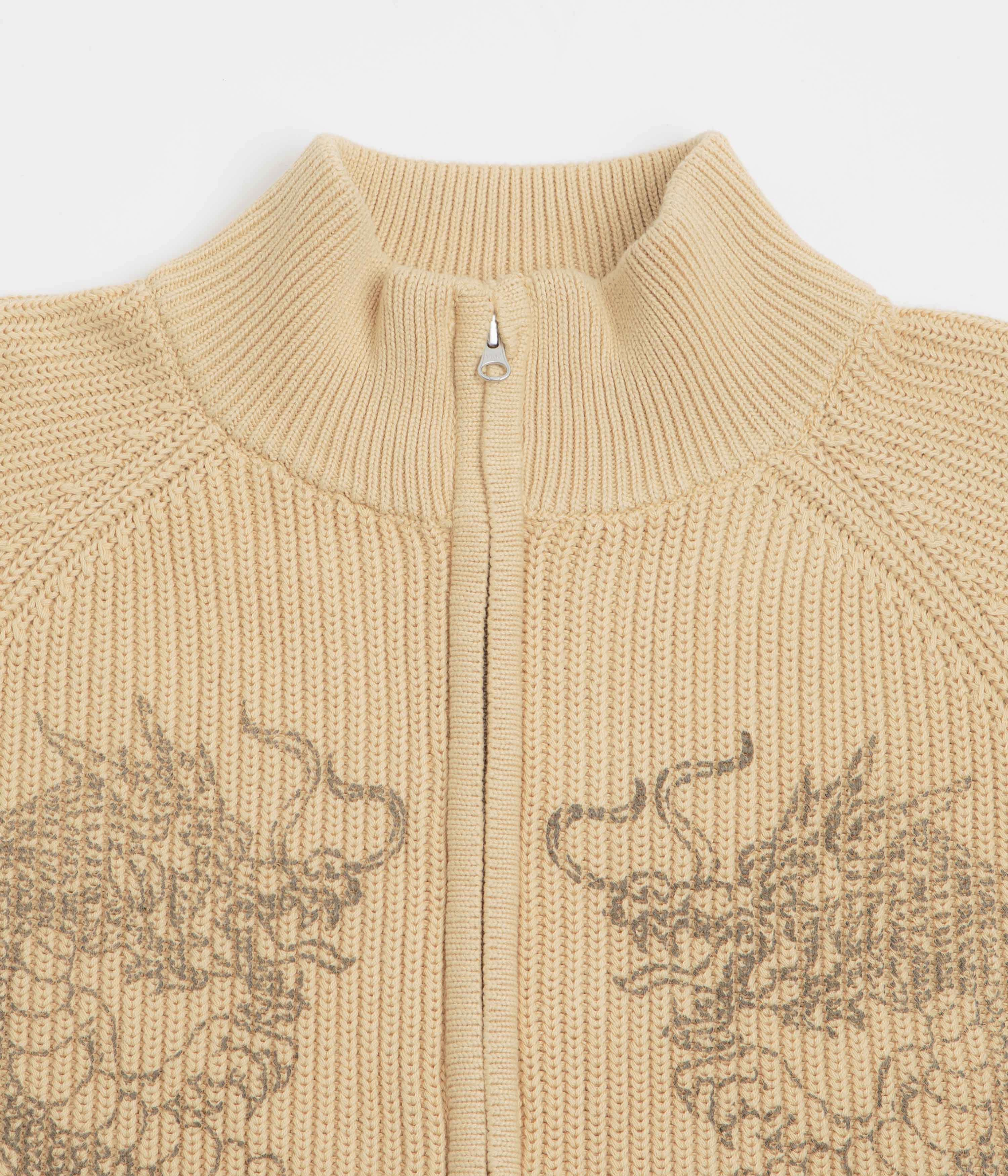 Butter Goods Dragon Zip-Thru Knit Sweatshirt - Sand Flexible Ribbed Trim