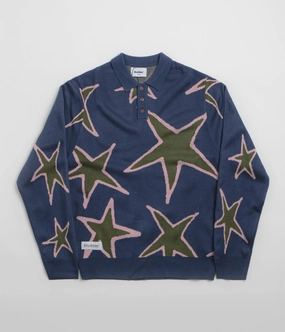 Thermal Insulation Design Chilly Day Style Butter Goods Star Polo Knit Sweatshirt - Prussian