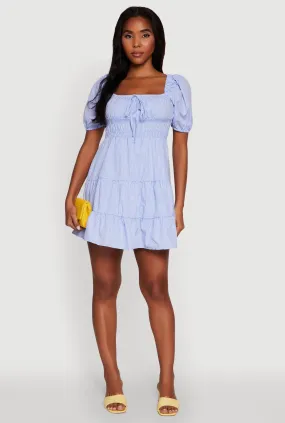Gingham Puff Sleeve Square Neck Tiered Peasant Dress Empire Waist