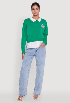 Loose Shirt Collar Layered Look Patch Graphic Sweatshirt