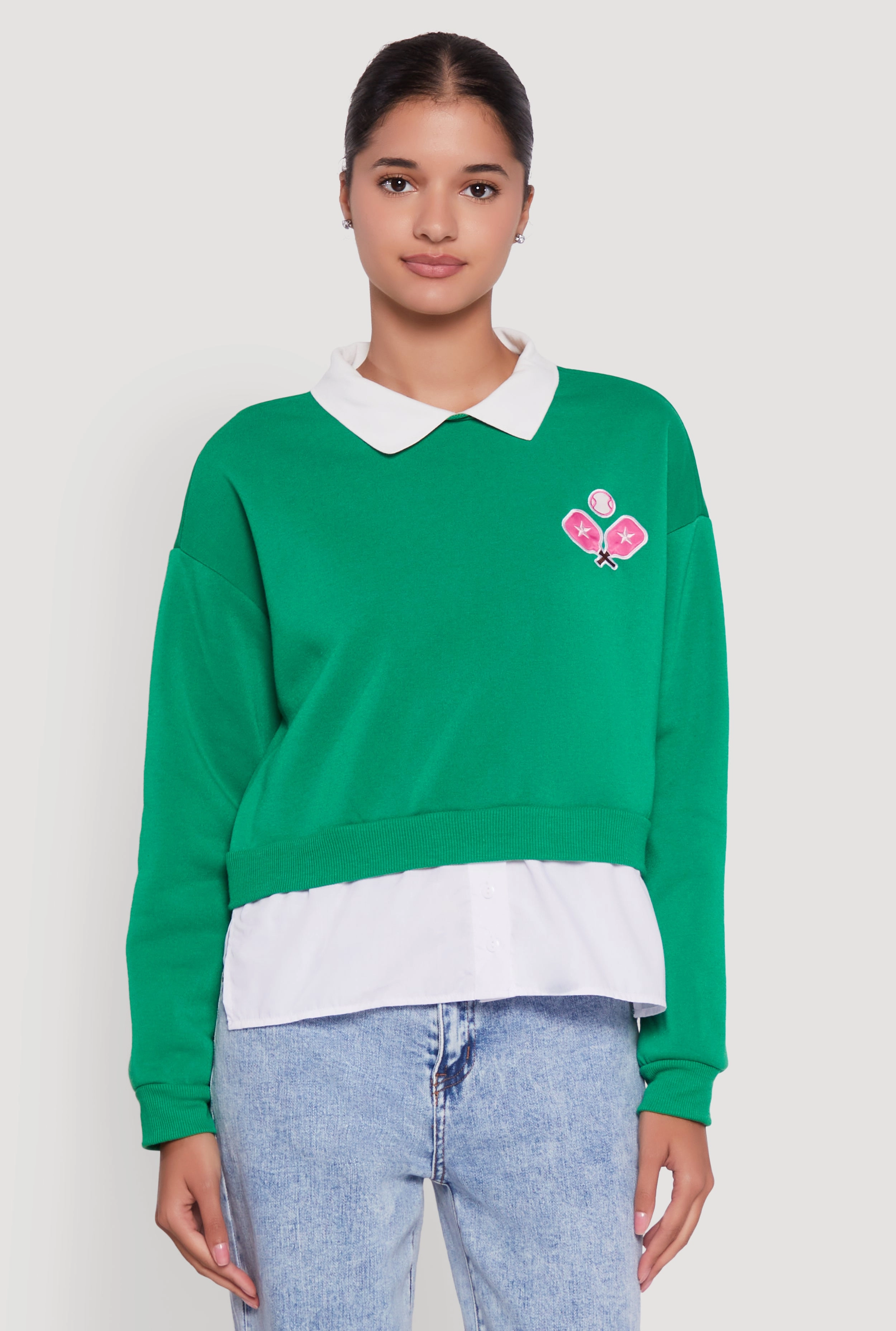 Shirt Collar Layered Look Patch Graphic Sweatshirt Name - brand Scarved