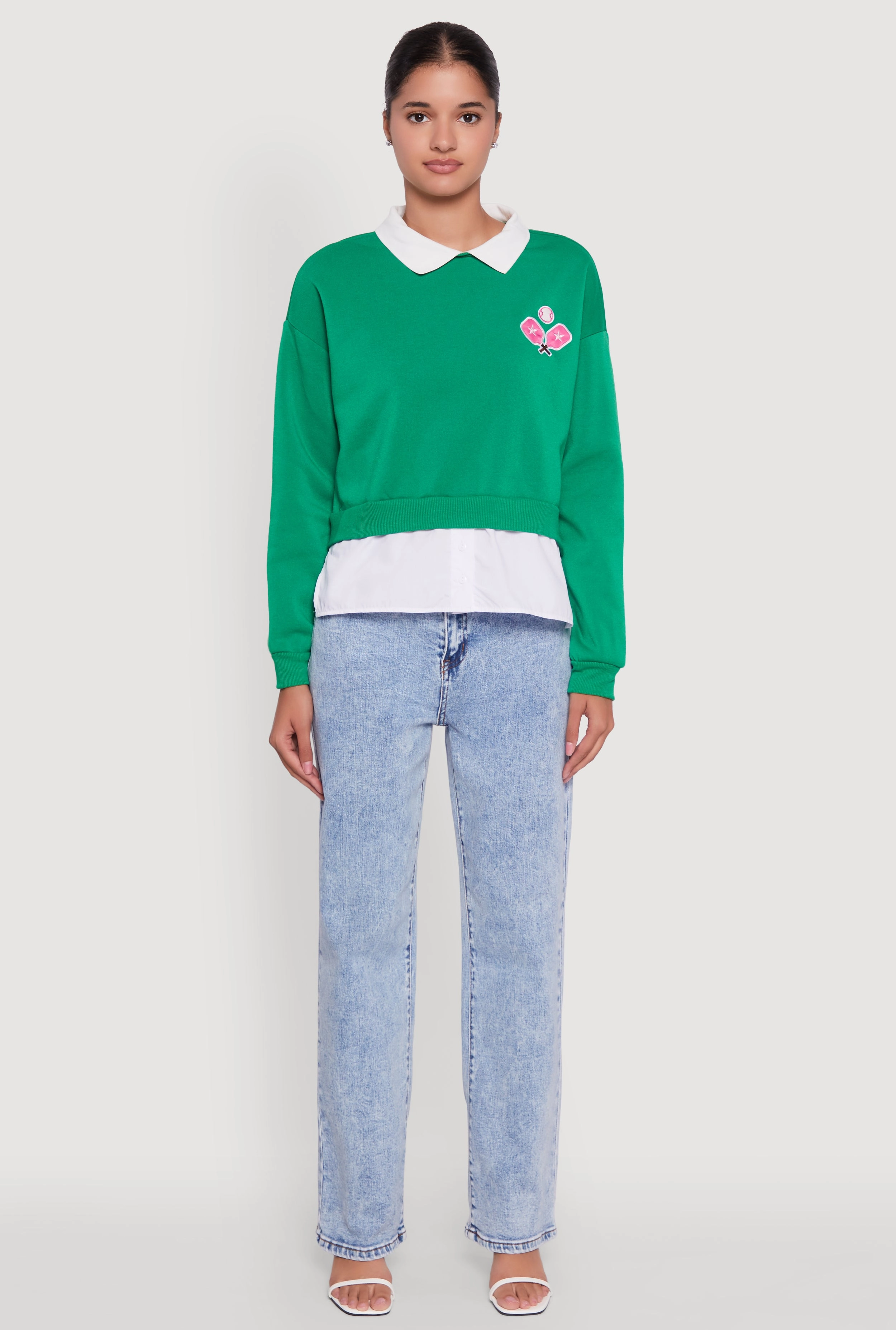 medium - quality Dark Shade Shirt Collar Layered Look Patch Graphic Sweatshirt