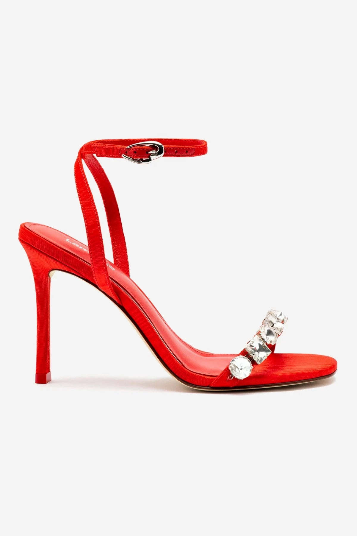 Calypso Sandal In Red Fabric and Crystals Adjustable Backstrap Closure Flex Comfort
