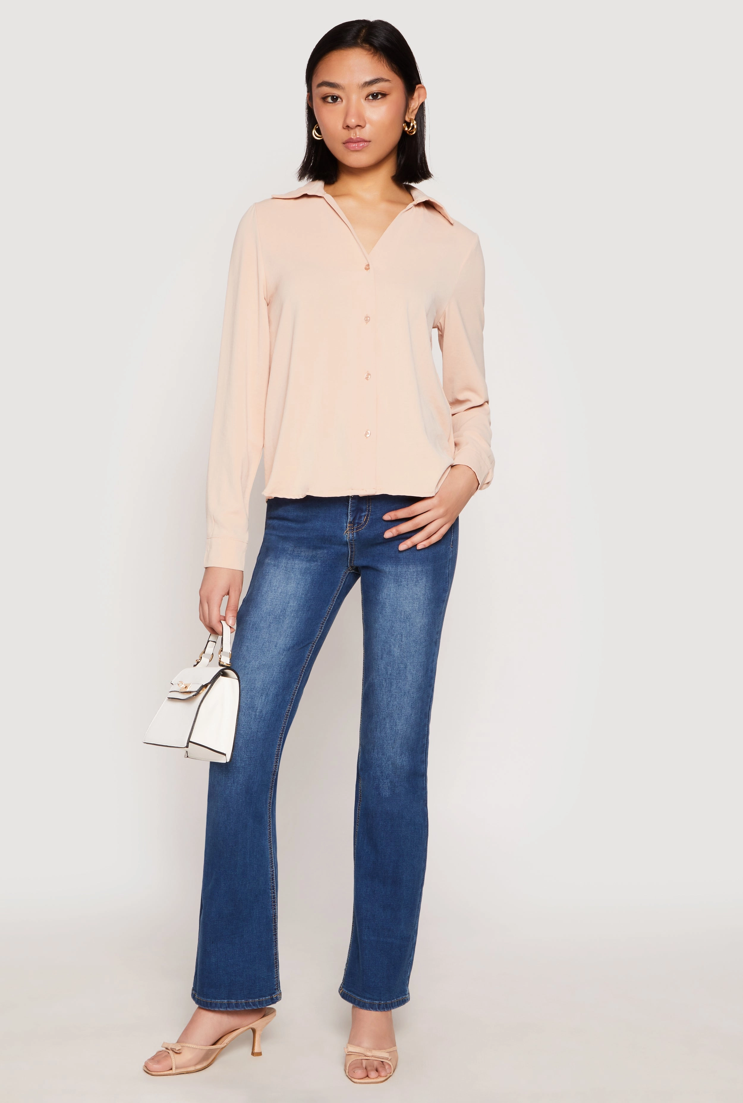 Belted Odor Resistant Crepe Knit Button Front Shirt