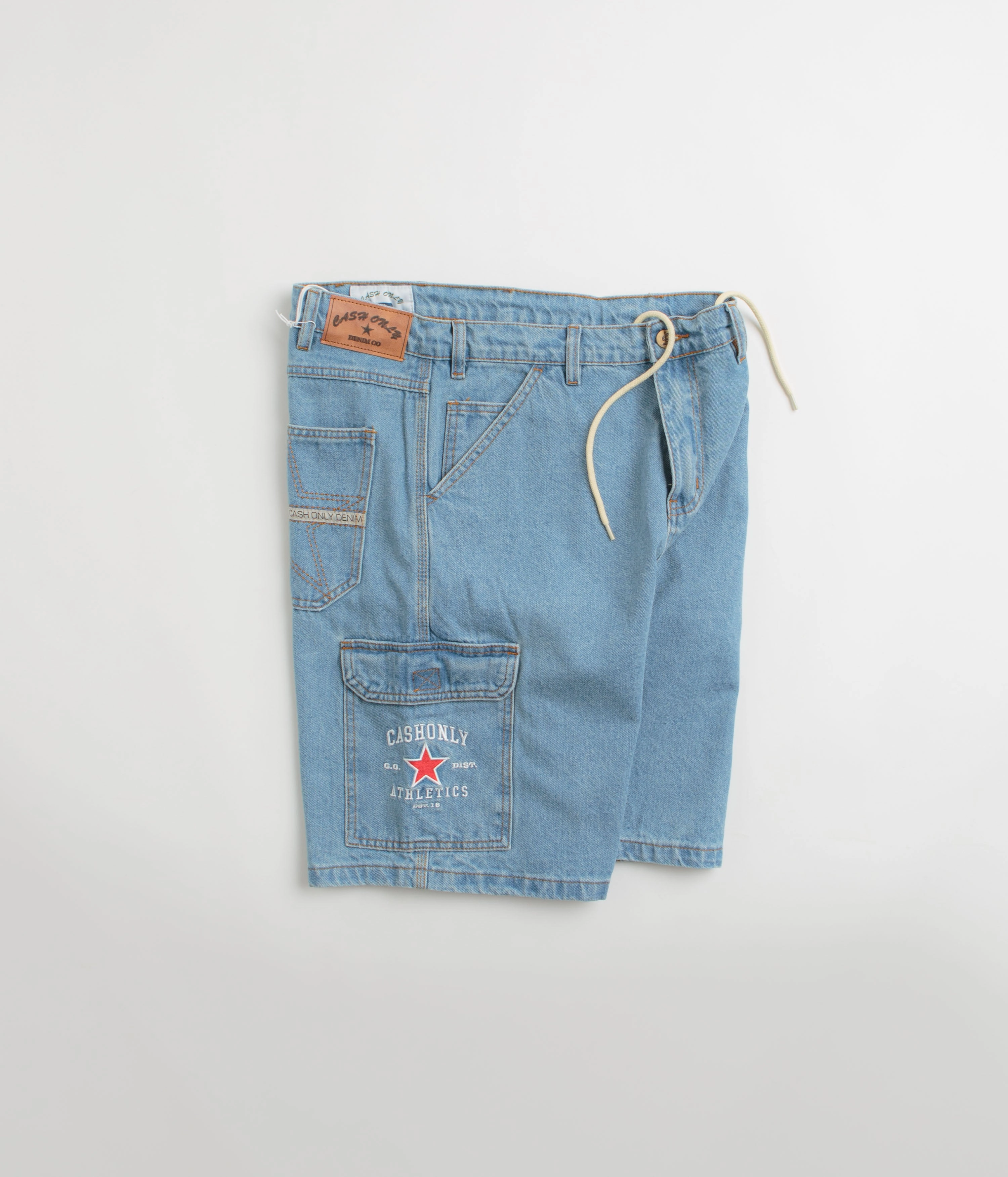 Cool Basic Flexible Side Panels Cash Only Athletics Denim Shorts - Washed Indigo
