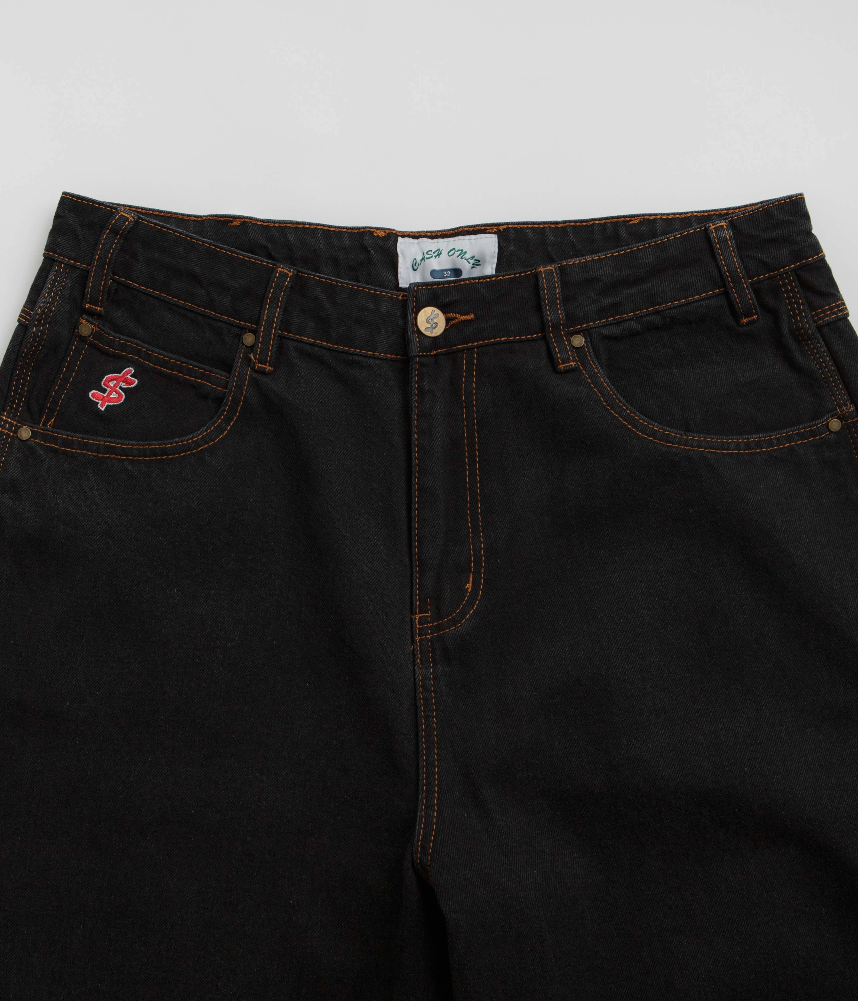 Reflective Trim Functional Ease Cash Only Logo Baggy Jeans - Washed Black / Black