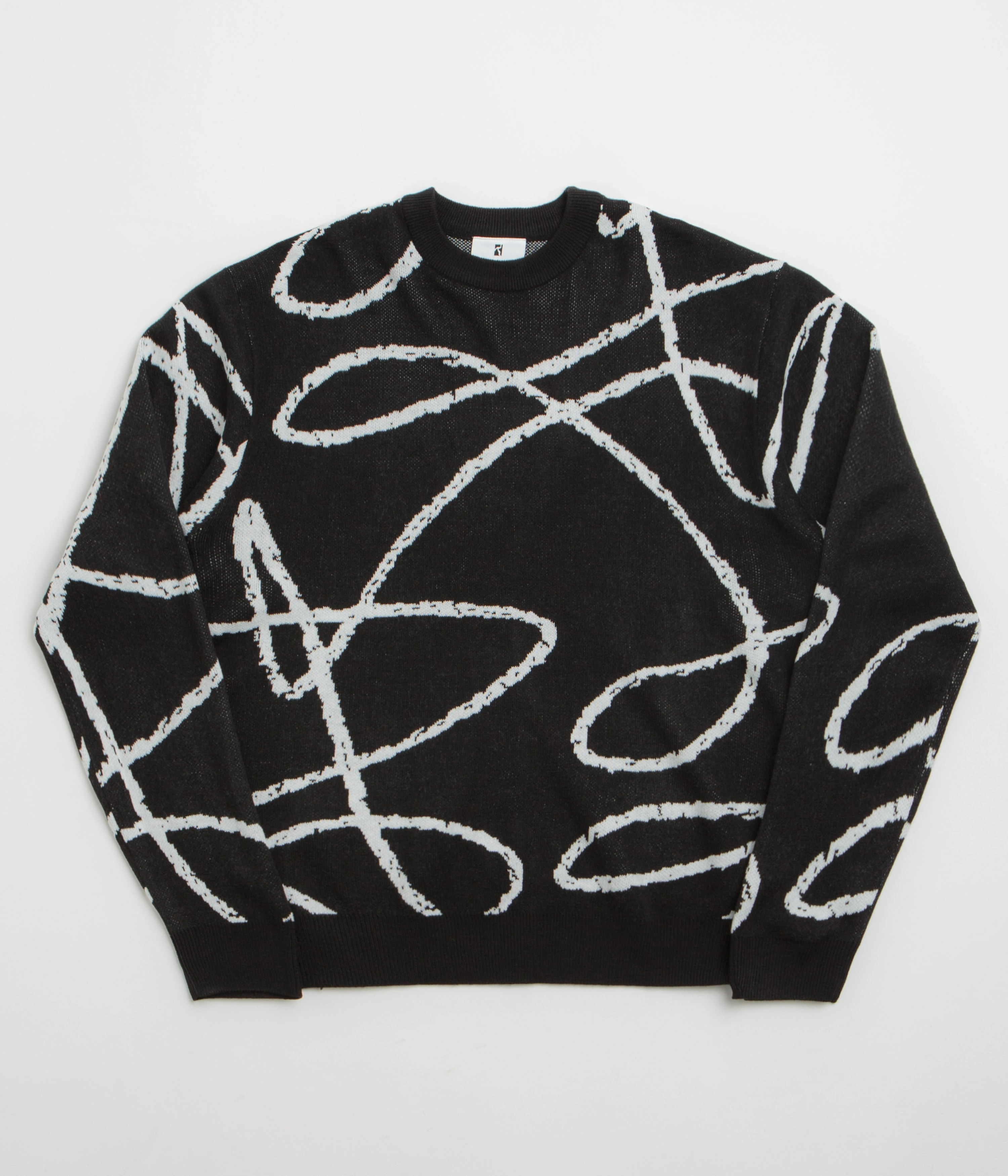Flex Knit Ribbing Sustainable Production Certified Poetic Collective Doodle Jacquard Knitted Crewneck Sweatshirt - Black