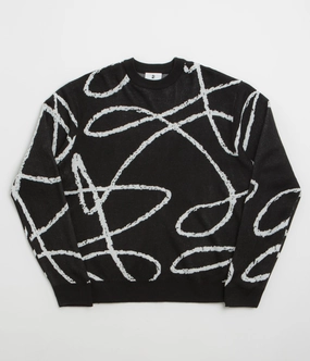 Flex Knit Ribbing Sustainable Production Certified Poetic Collective Doodle Jacquard Knitted Crewneck Sweatshirt - Black