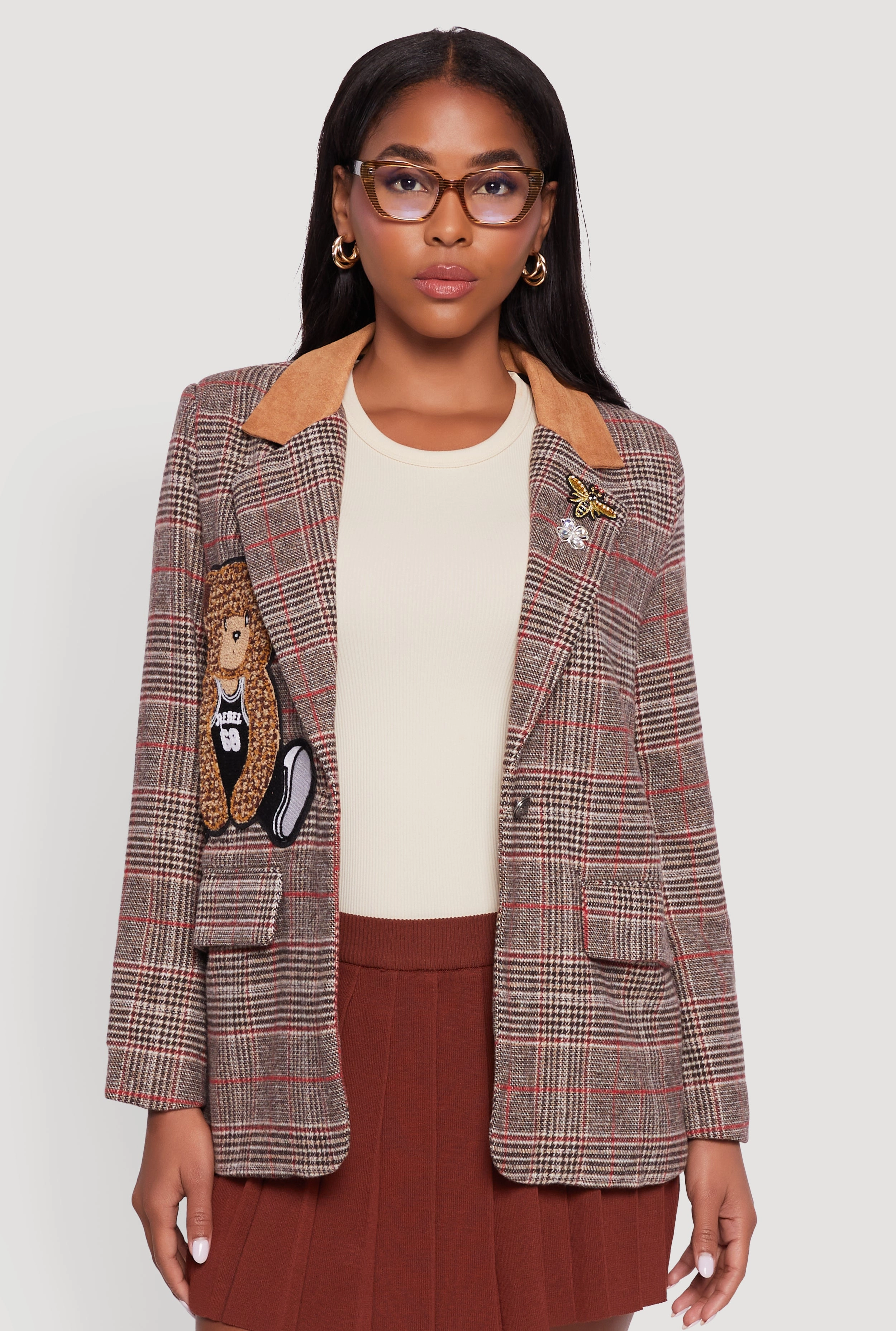 Chenille Bear Graphic Plaid Blazer with Padded Shoulders OdorResistant Treatment