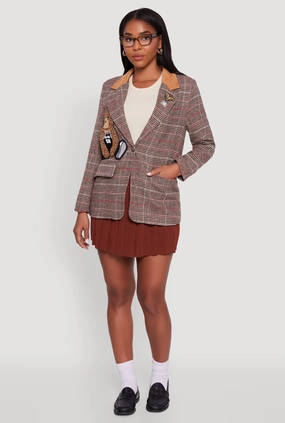 simple design Breathable Design Chenille Bear Graphic Plaid Blazer with Padded Shoulders
