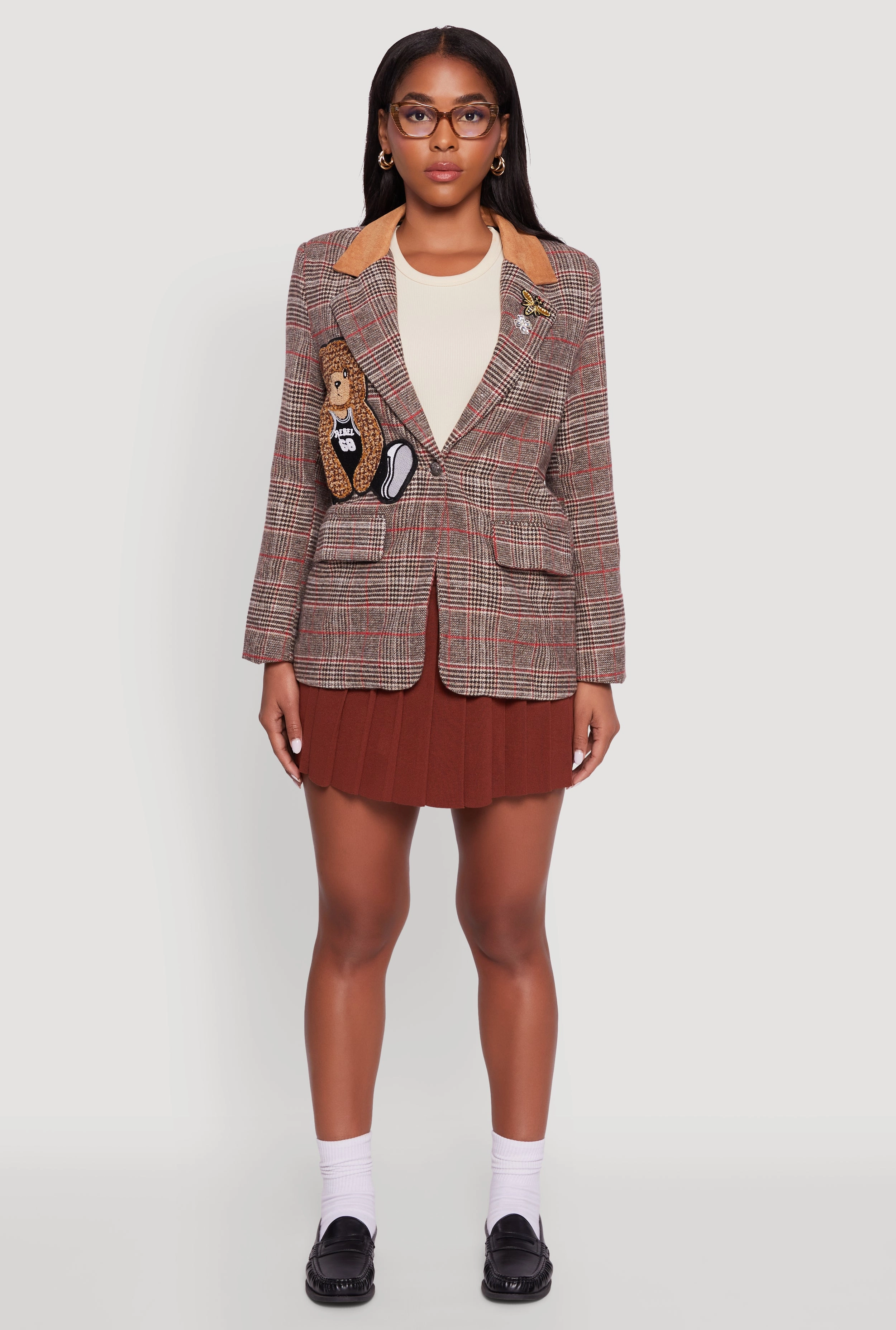 Chenille Bear Graphic Plaid Blazer with Padded Shoulders Travel Ready Light Reflective Logos