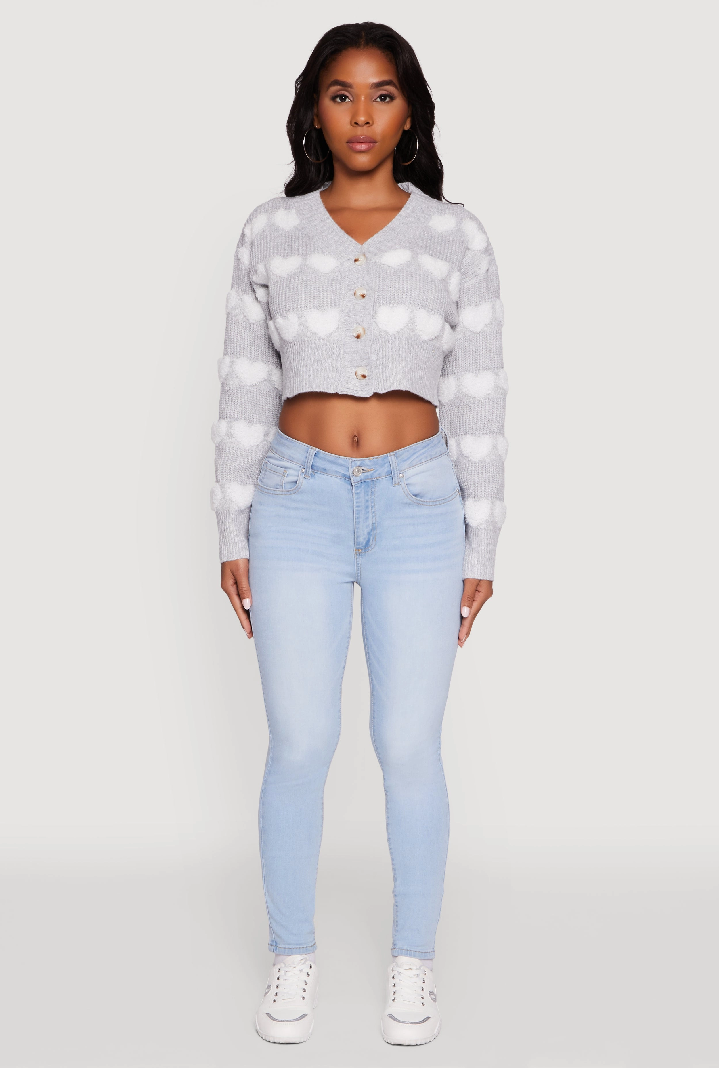 Classic Look Chenille Heart Patterned Brushed Knit Cropped Cardigan