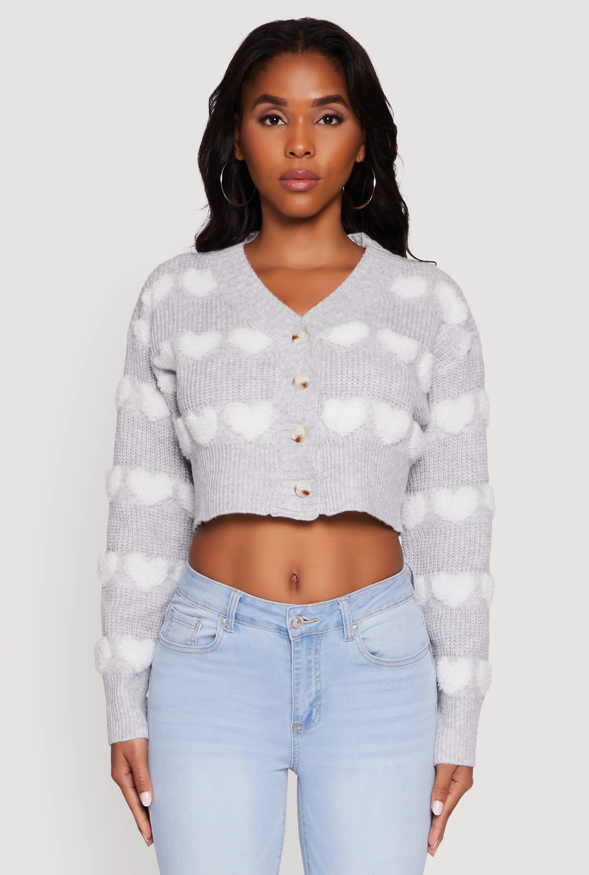 Versatile Outfit Cashmere Blend Chenille Heart Patterned Brushed Knit Cropped Cardigan