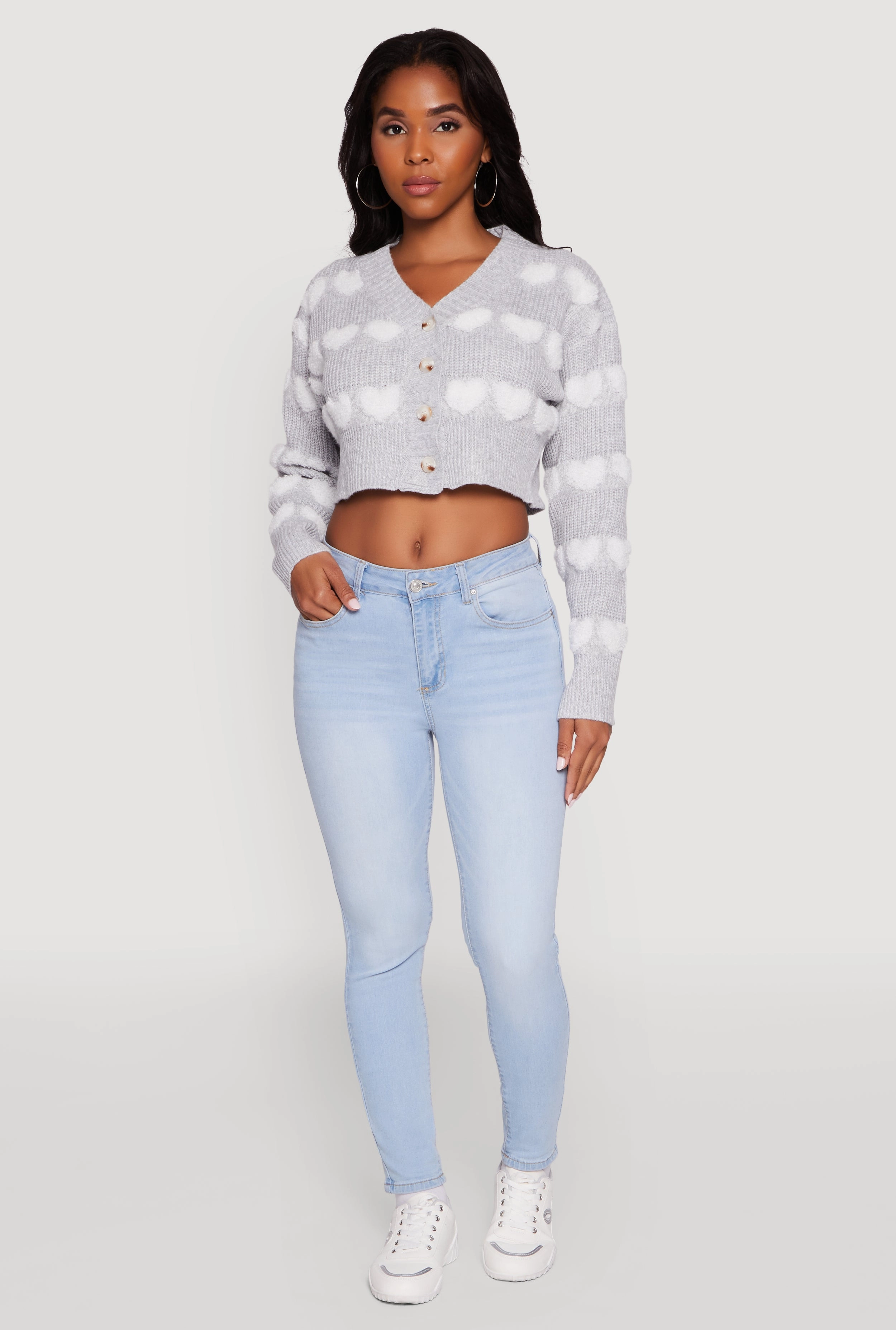 Chenille Heart Patterned Brushed Knit Cropped Cardigan Chilly Ready Chilly Layering