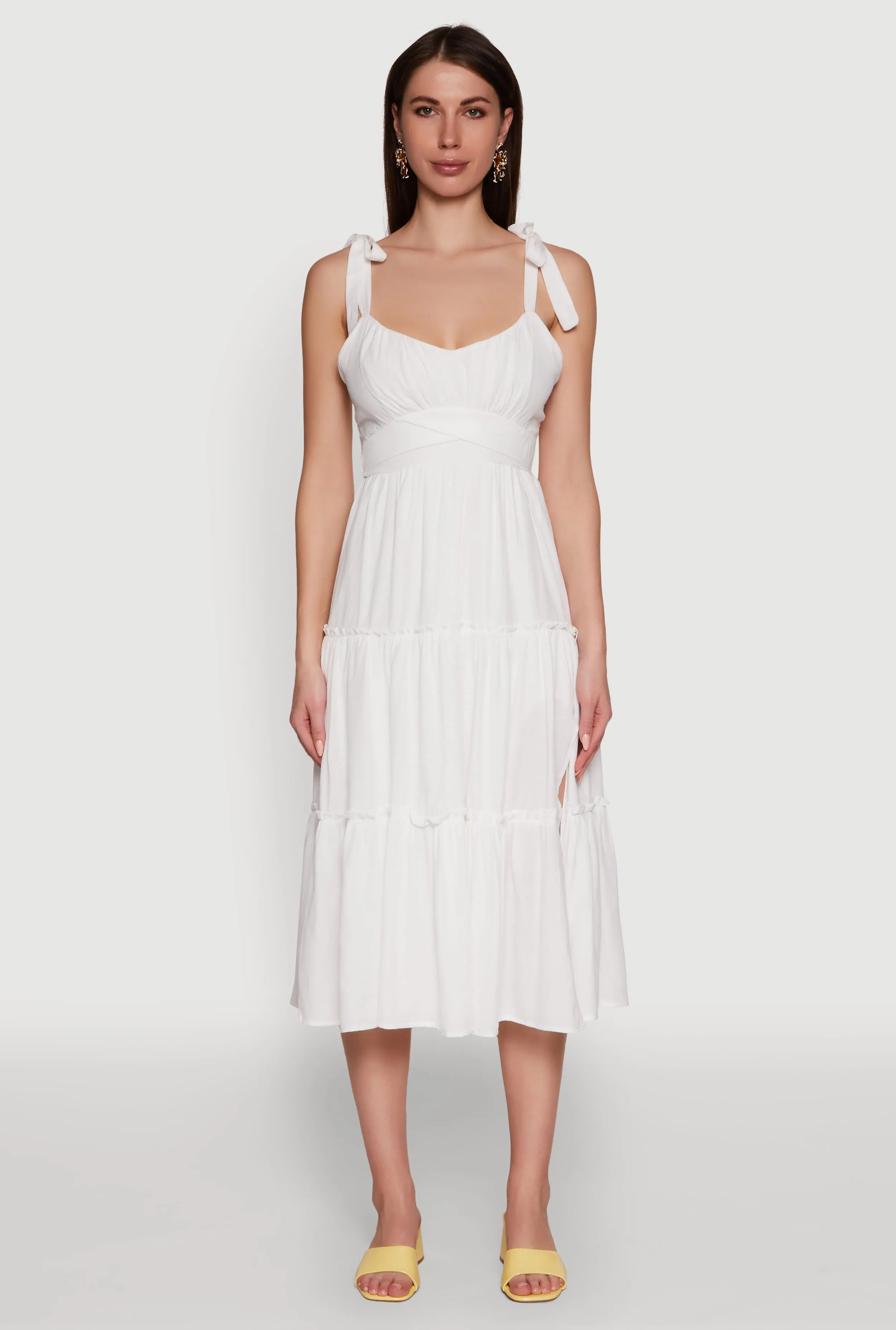 Chic Bow Strap Tiered Sundress with Side Slit Work Appropriate Casual Style Wear