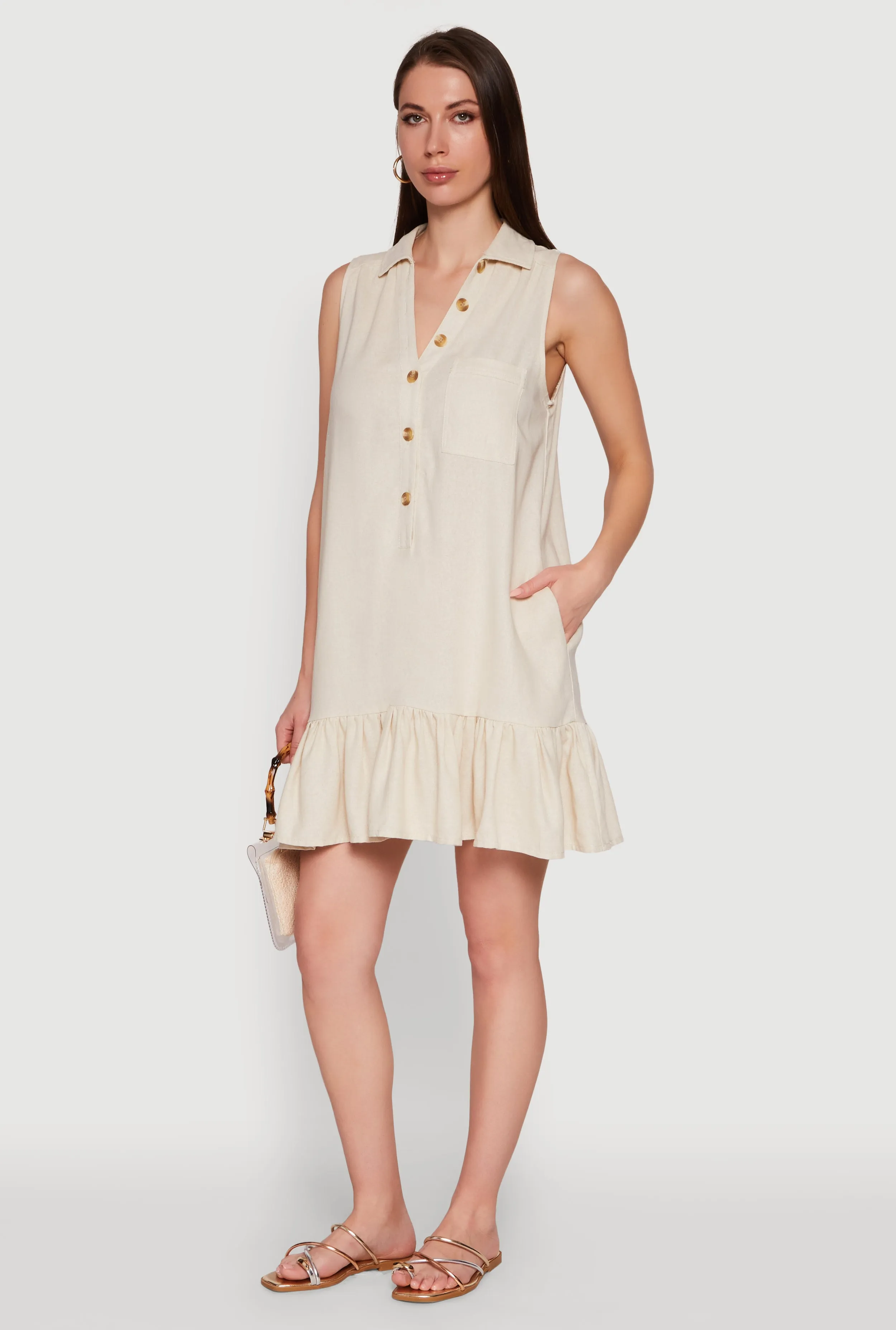 Trendy Linen Sleeveless Shirt Dress with Flounce Hem Soul Warm