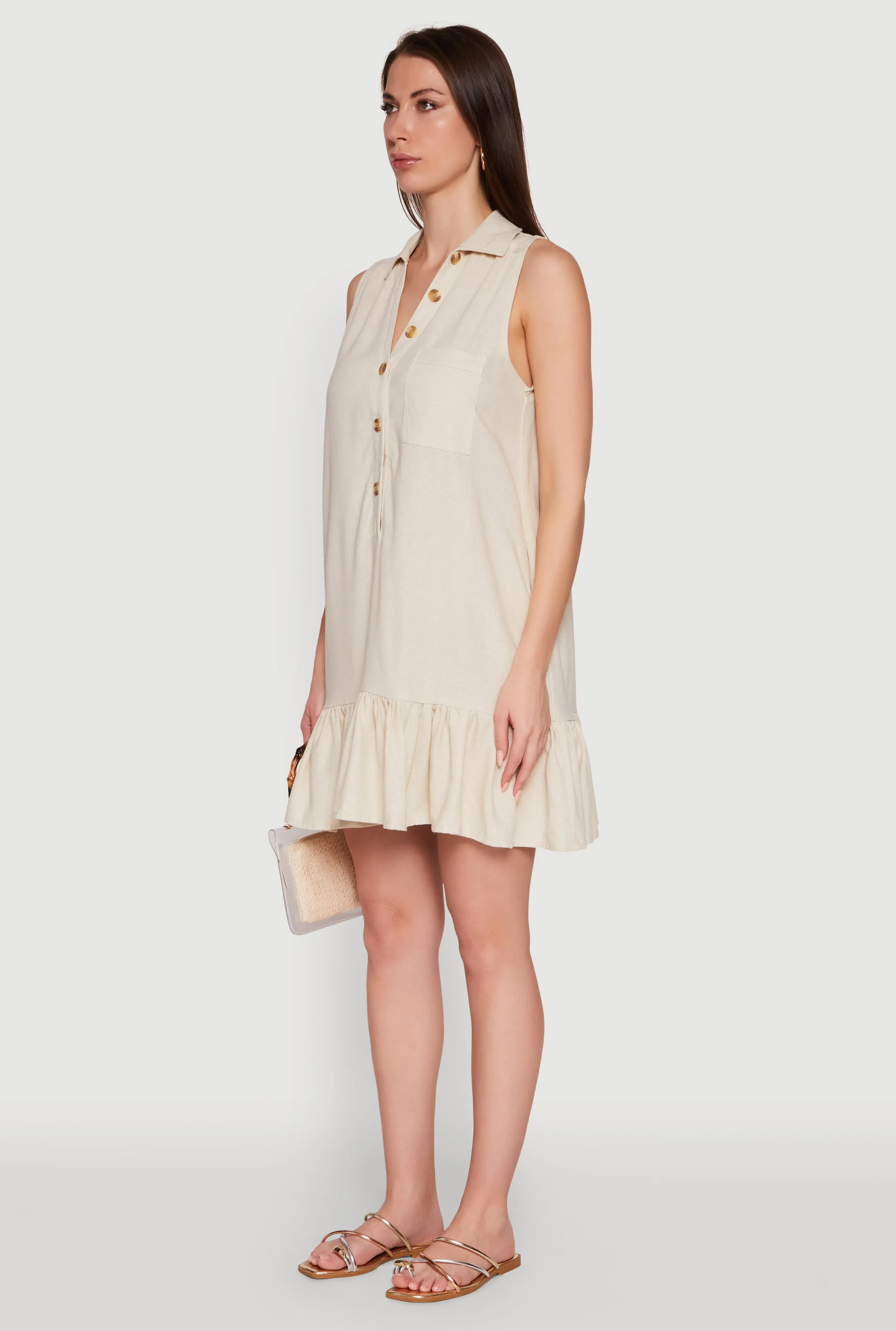 Flutter-Sleeve Trendy Linen Sleeveless Shirt Dress with Flounce Hem