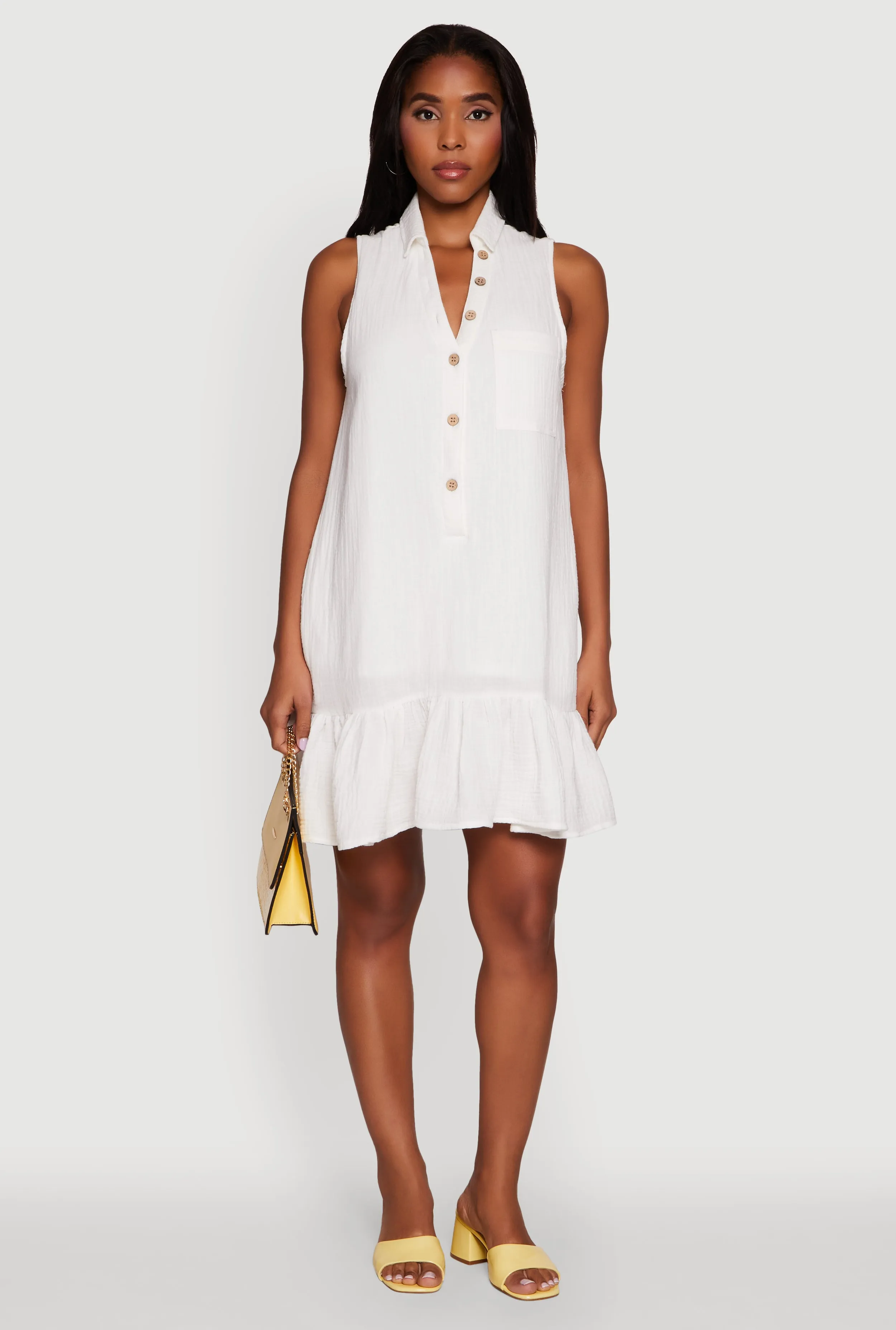 Chic Gauze Knit Button Front Peplum Hem Dress Bold Look Crisp Look