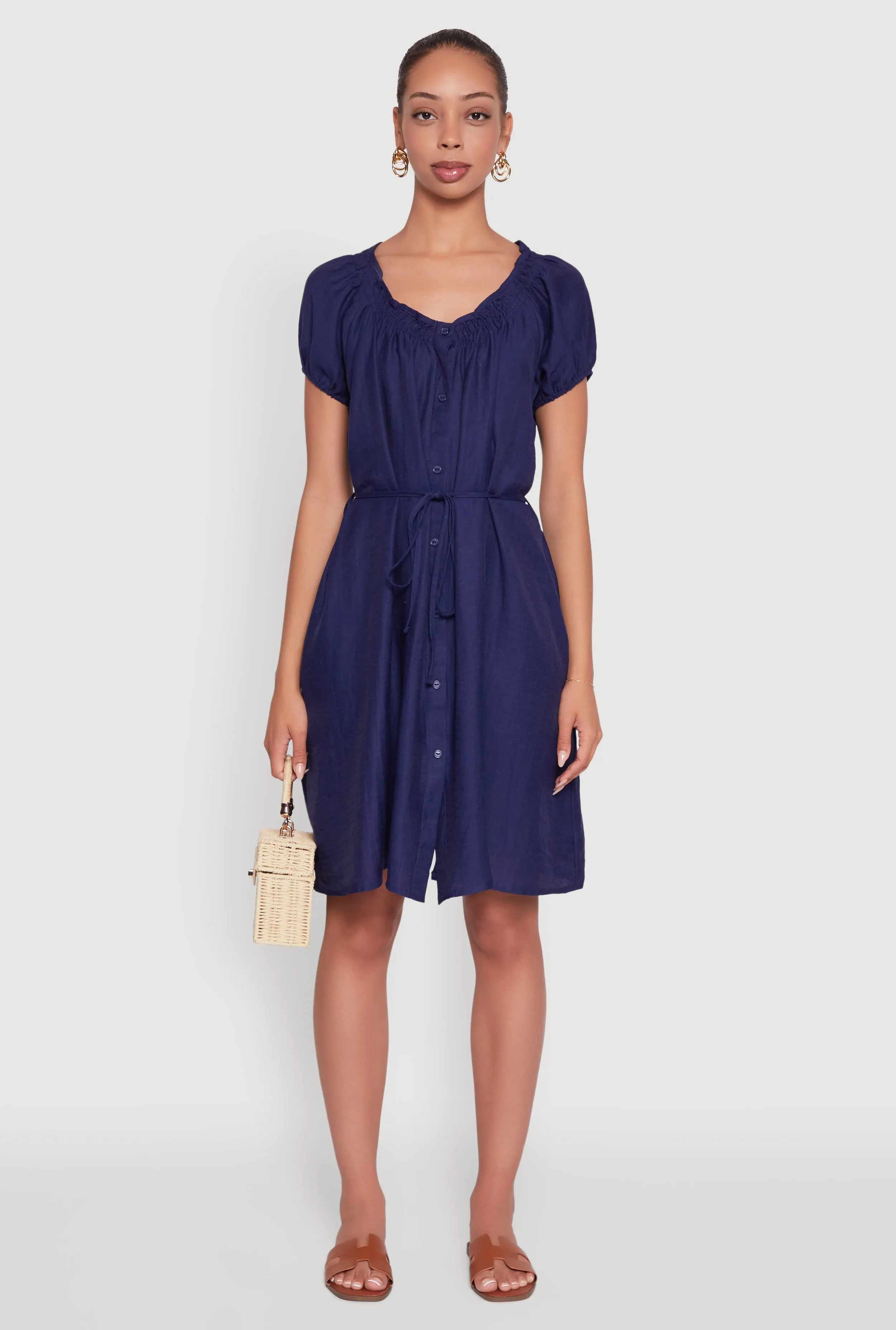 Feminine empire waist dress Eye Catching Chic Linen Peasant Dress with Pockets and Tie Waist Belt