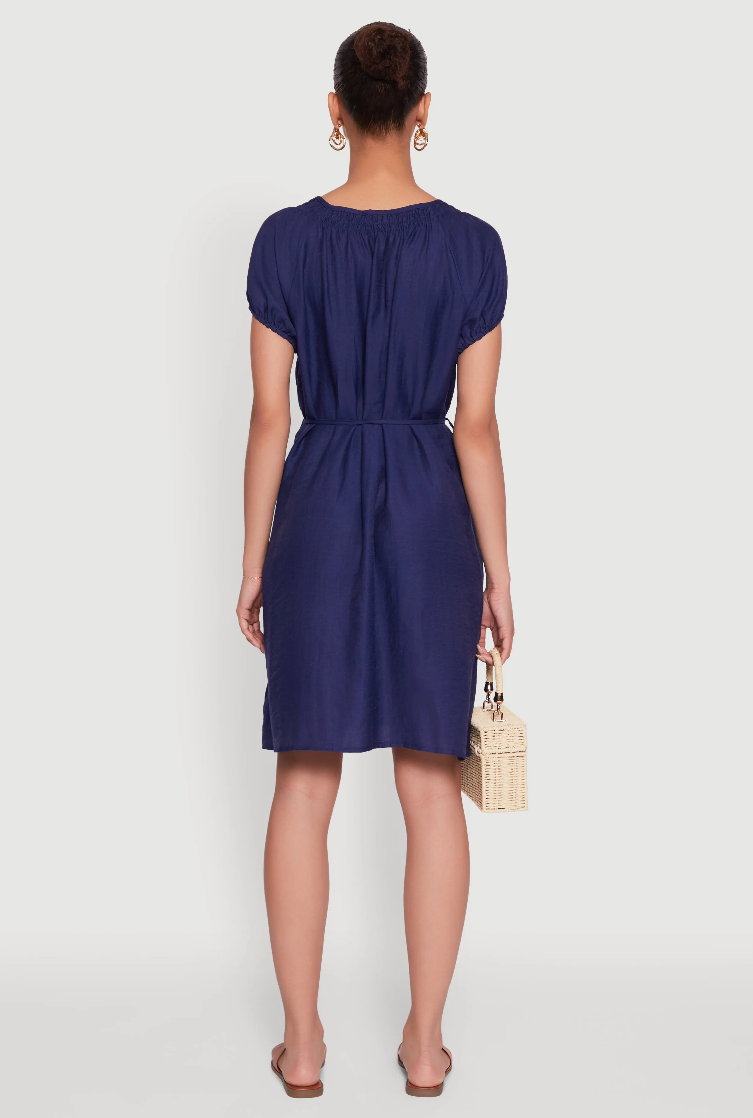 Chic Linen Peasant Dress with Pockets and Tie Waist Belt Chill Design Blush Shade