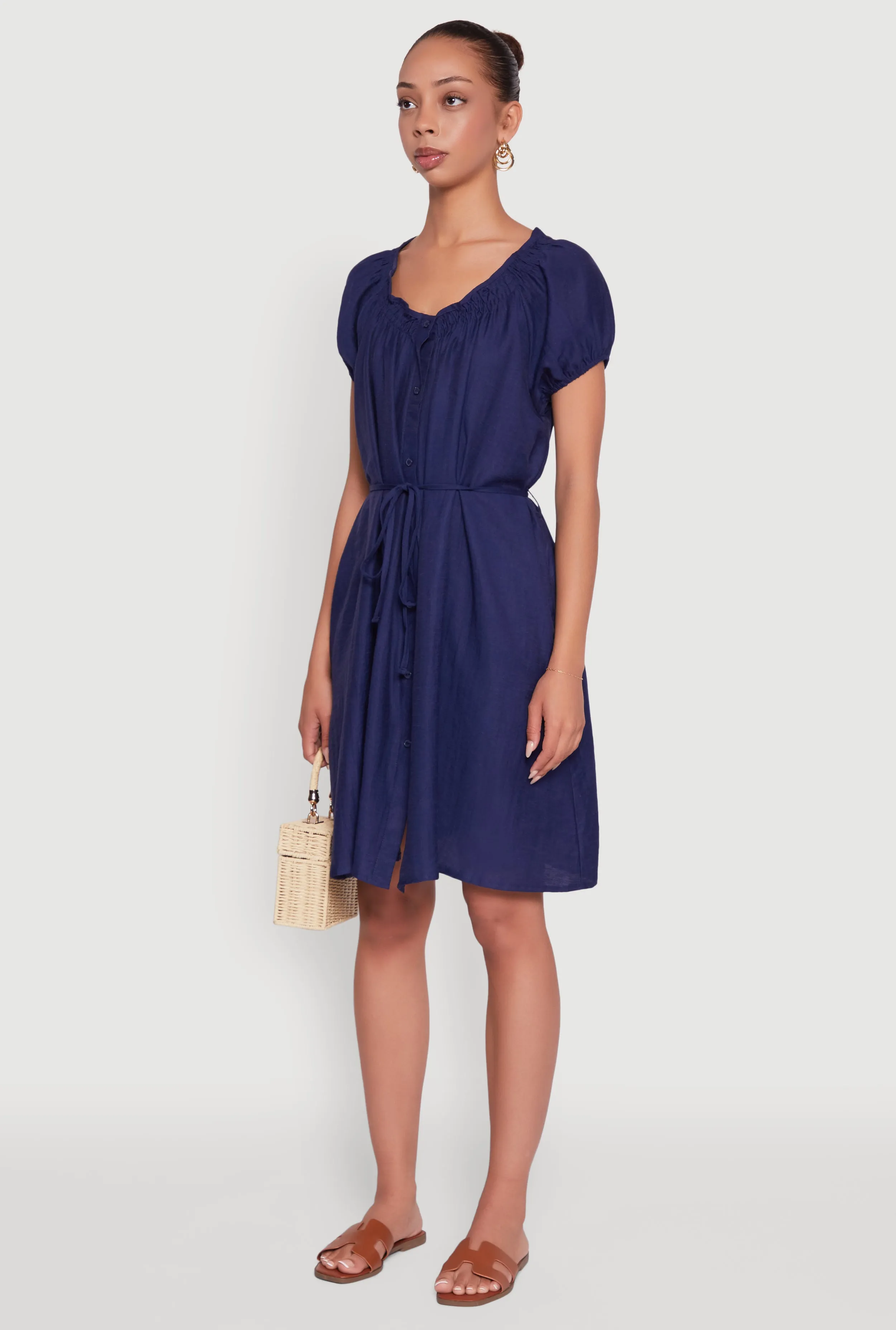 Chic Linen Peasant Dress with Pockets and Tie Waist Belt Dreamy Touch All Time Fit