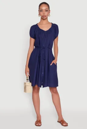 Chic Linen Peasant Dress with Pockets and Tie Waist Belt Cozy Base Professional Comfort