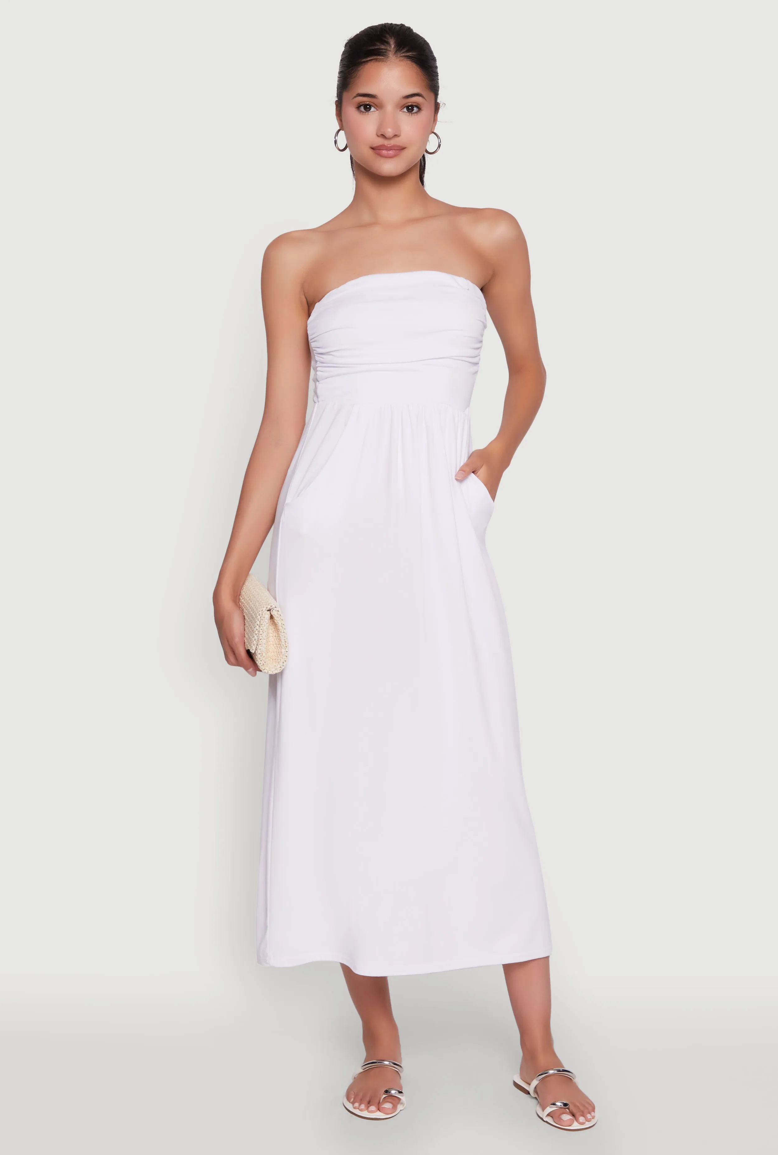 Chic Soft Knit Ruched Midi Tube Dress Elegant Detail