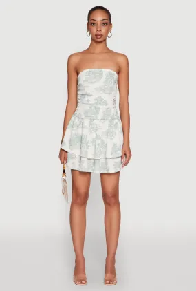 Smile Soft Glossy-Finish Chic Toile de Jouy Print Smocked Back Peplum Dress