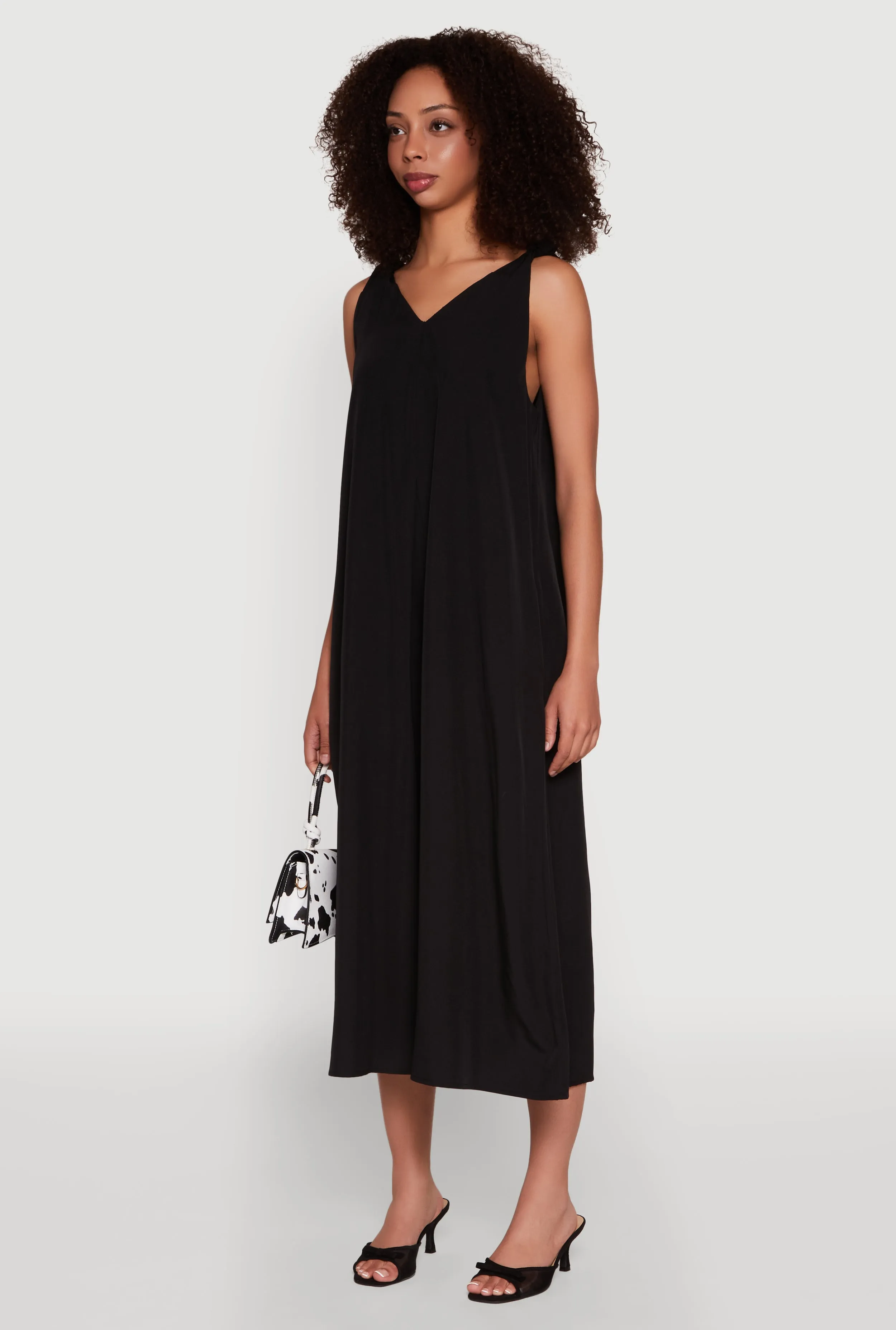 Chic V-Neck Knot Strap Pleated Detail Sundress for Summer Anti-Static-Finish