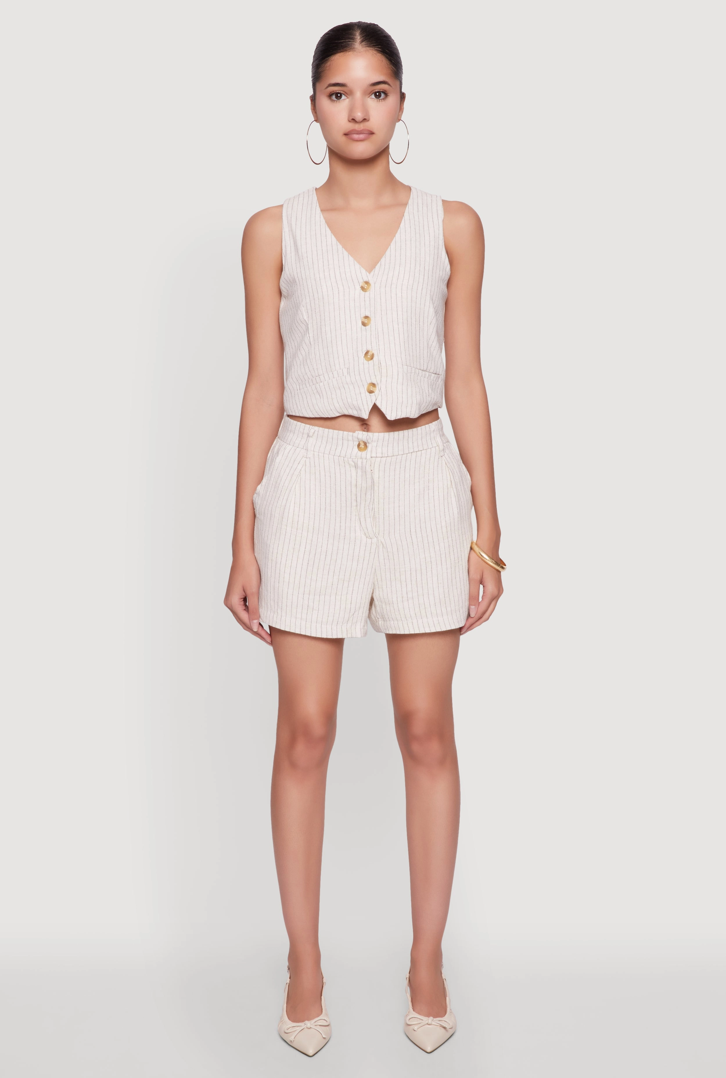 Breathable Softshell Layer Flexible Fit Chic Linen Pinstripe Button Front Cropped Blazer Vest