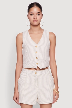 Chic Linen Pinstripe Button Front Cropped Blazer Vest Camo Print windproof