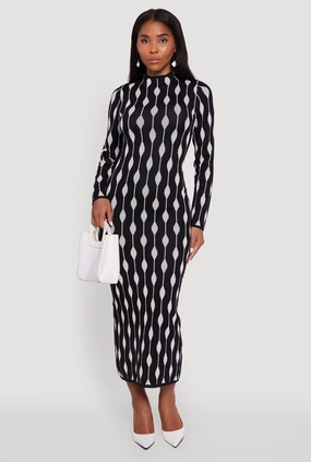 Relax Style Everyday Use Chic Long Sleeve Printed Pattern Bodycon Sweater Dress