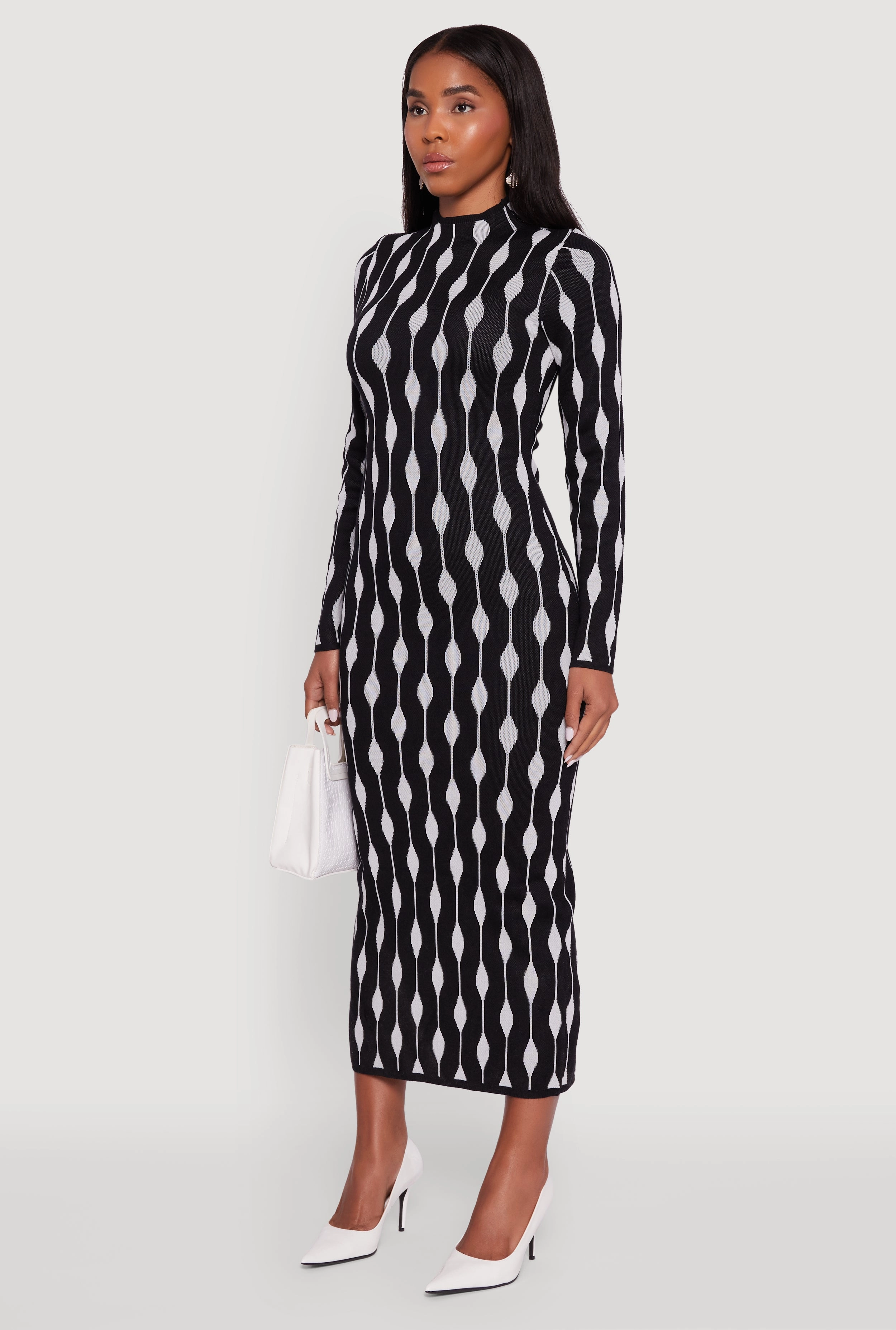 Stretch Fabric Fall Mood Chic Long Sleeve Printed Pattern Bodycon Sweater Dress