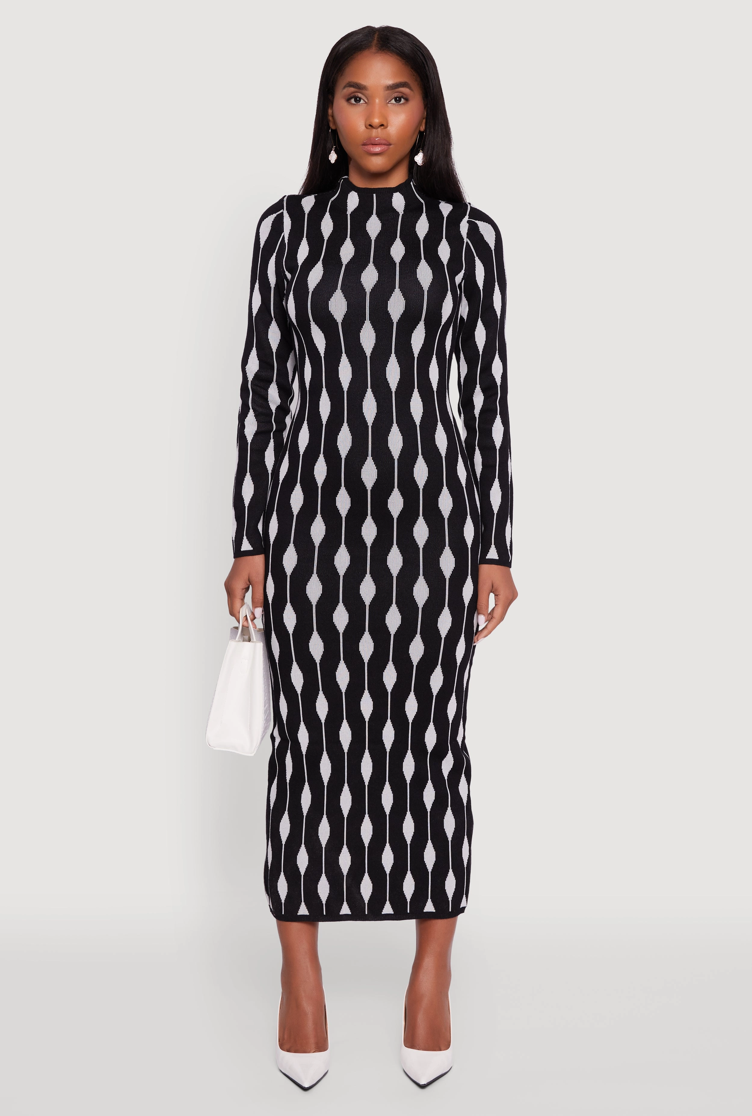 Chic Long Sleeve Printed Pattern Bodycon Sweater Dress Embroidered-Sleeve Silky Layer