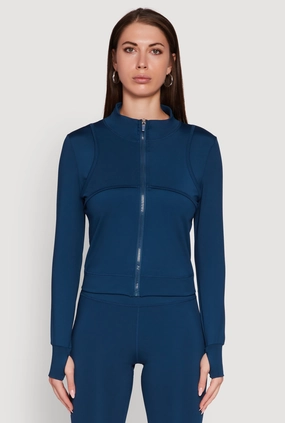 Mock Neck Long Sleeve Activewear Jacket with Thumb Holes Non Restrictive Tailoring Flexible Fit Wear